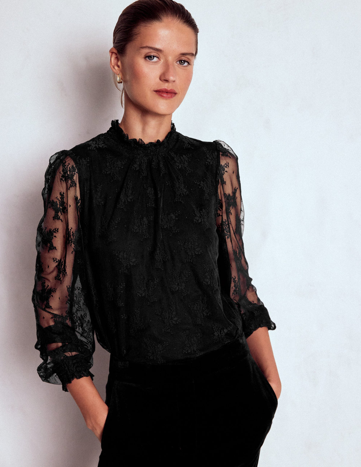 Top en tulle à col smocké-Noir - Image 4
