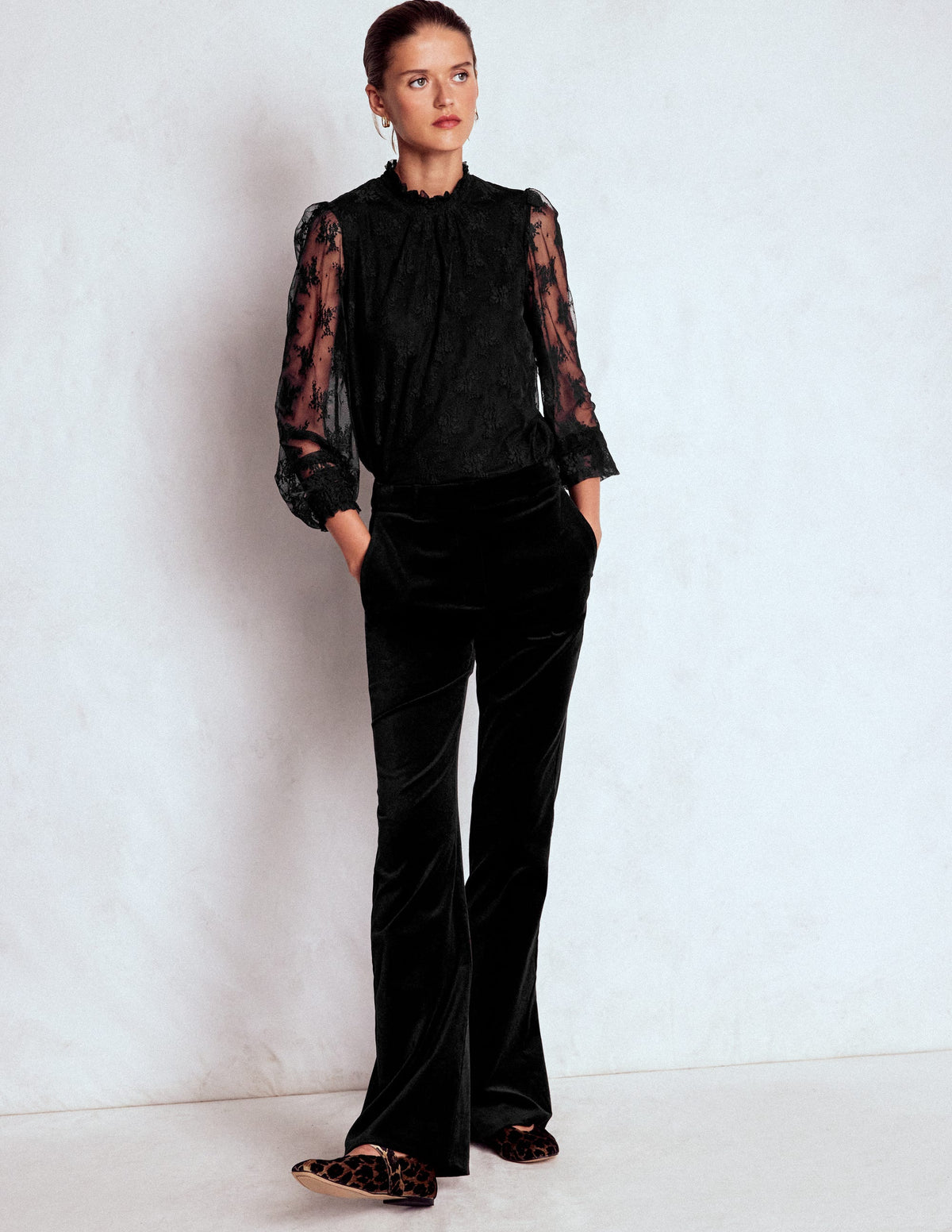 Top en tulle à col smocké-Noir - Image 5