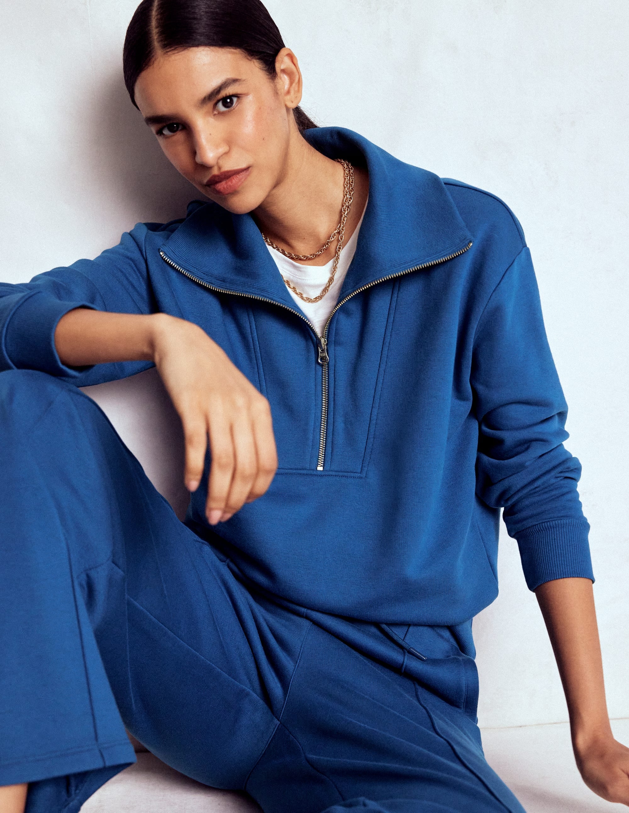 Sweatshirt mit Halbreißverschluss und Einsatz-Turmalinblau - Image 1