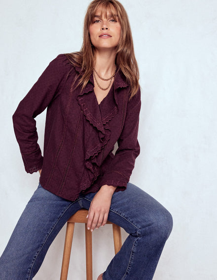 Bluse mit Rüschen und Stickerei-Dunkle Kirsche