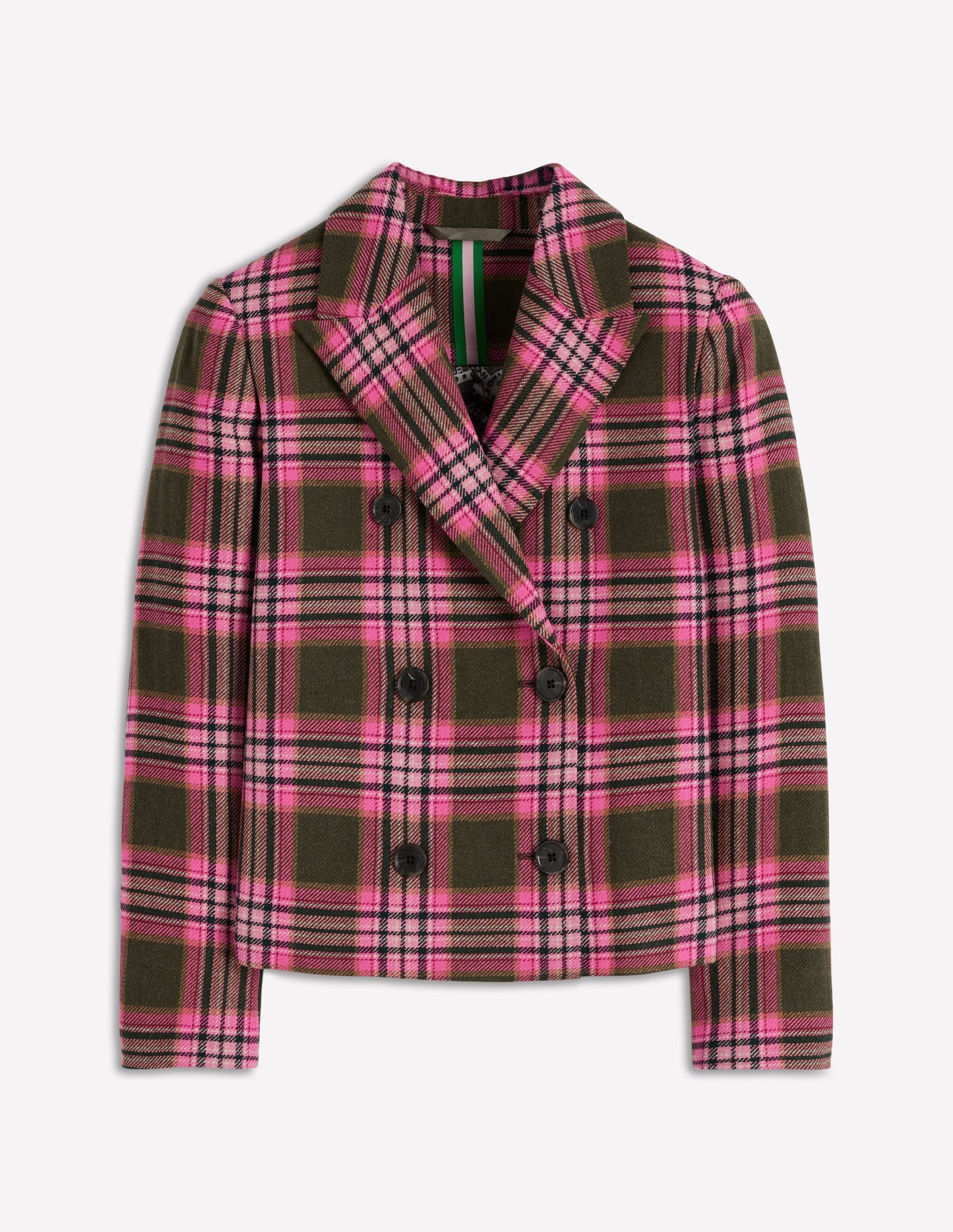 Blazer croisé coupe carrée-Carreaux vert olive et rose