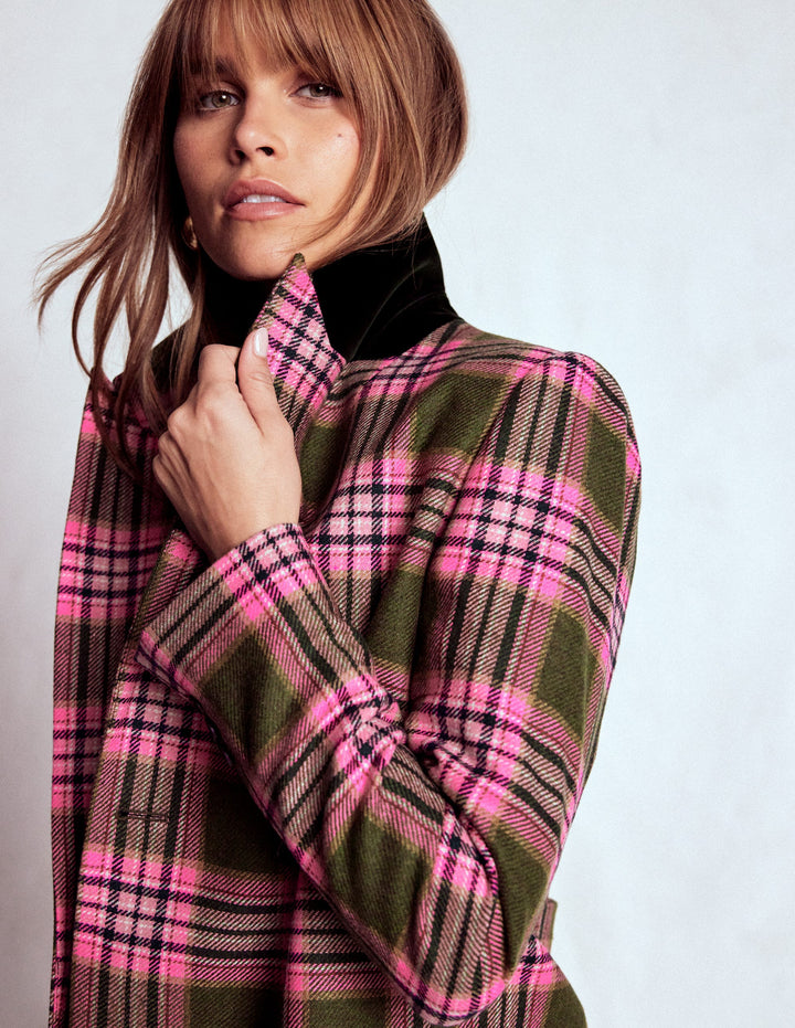 Blazer croisé coupe carrée-Carreaux vert olive et rose