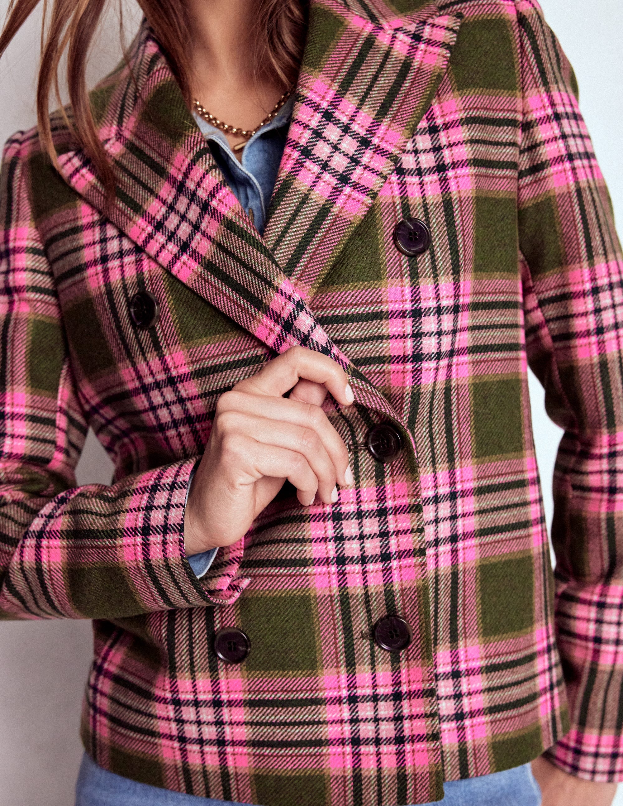 Blazer croisé coupe carrée-Carreaux vert olive et rose - Image 2