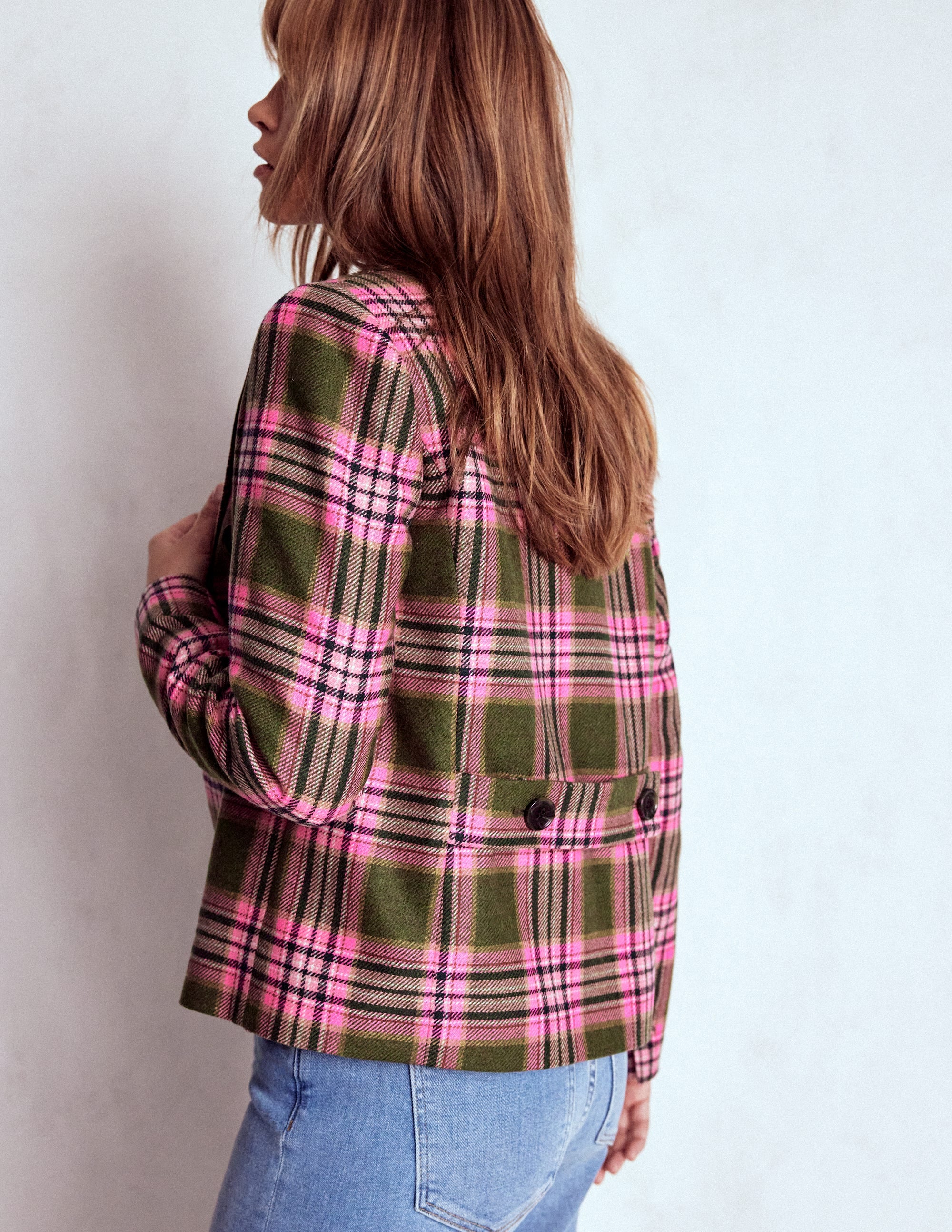 Blazer croisé coupe carrée-Carreaux vert olive et rose - Image 3