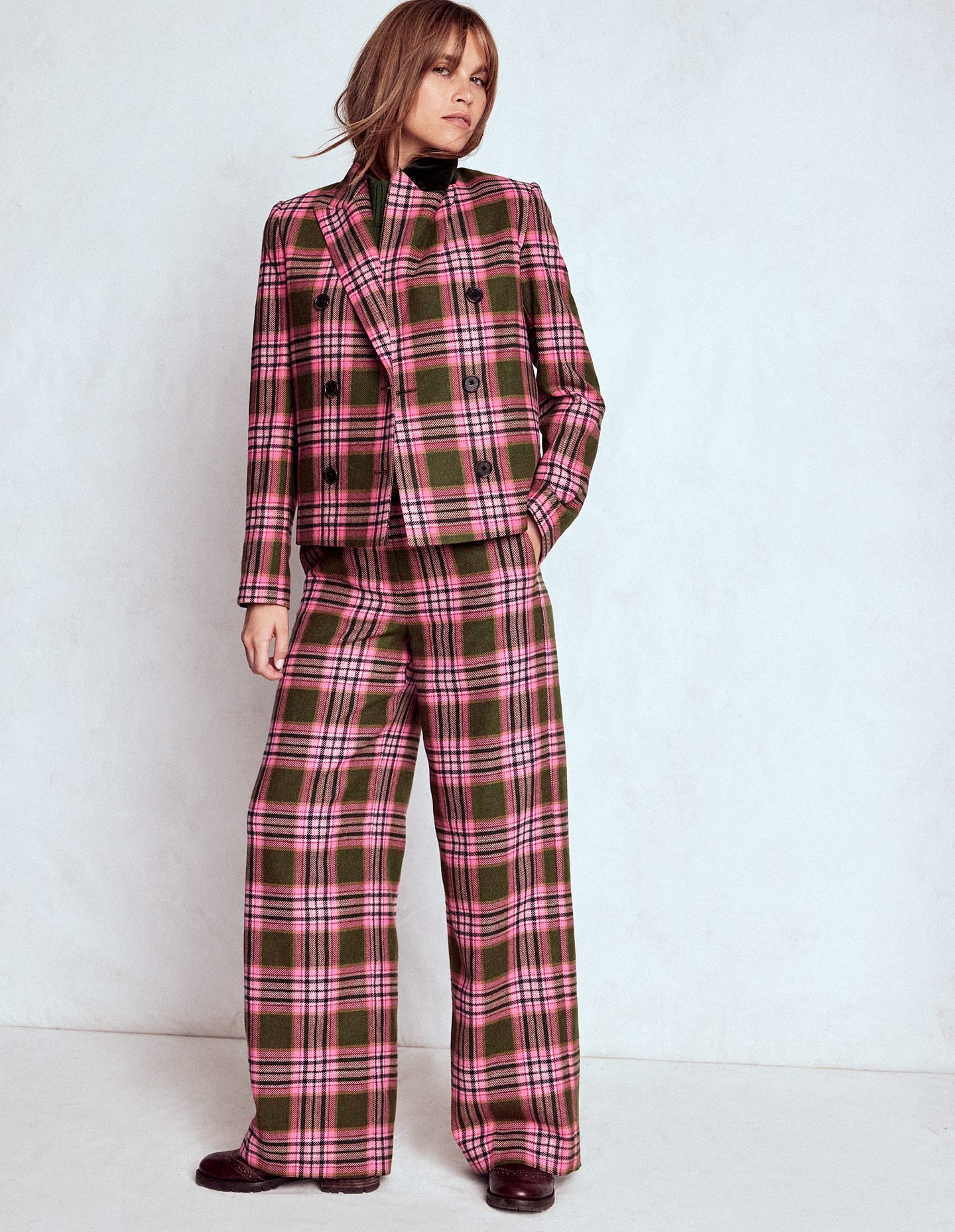 Zweireihiger Blazer mit kastenförmigem Schnitt-Olivgrün und Rosa Kariert