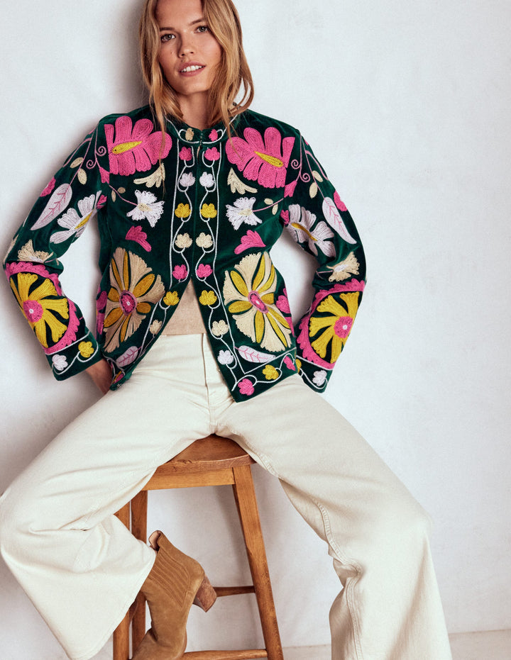 Bestickte Souvenir-Jacke-Dunkles Smaragdgrün Stickerei