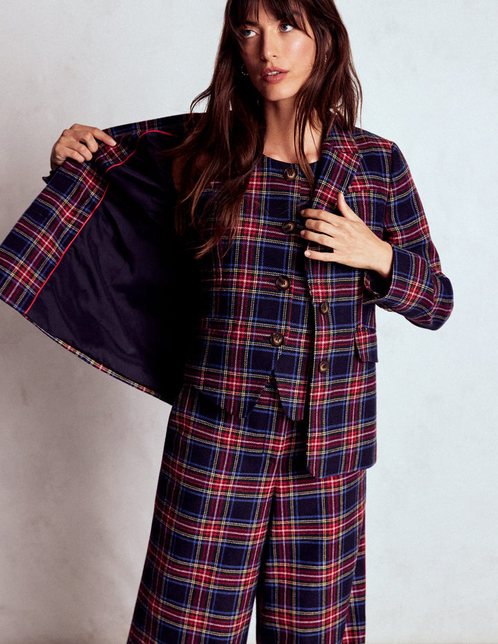 Taillierte Karo-Weste-Marineblau, Grün und Rot Kariert