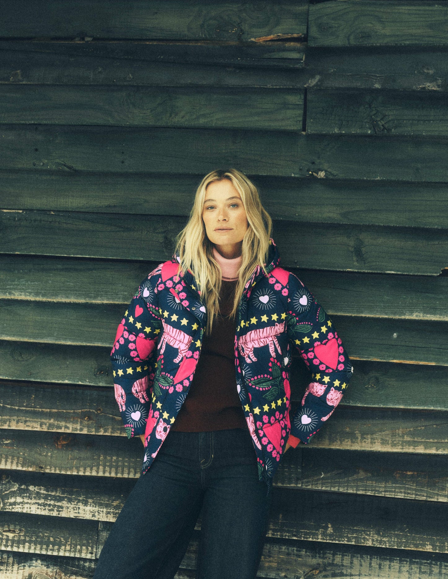 Wattierte Steppjacke-Französisches Marineblau, Verziert, Tiger