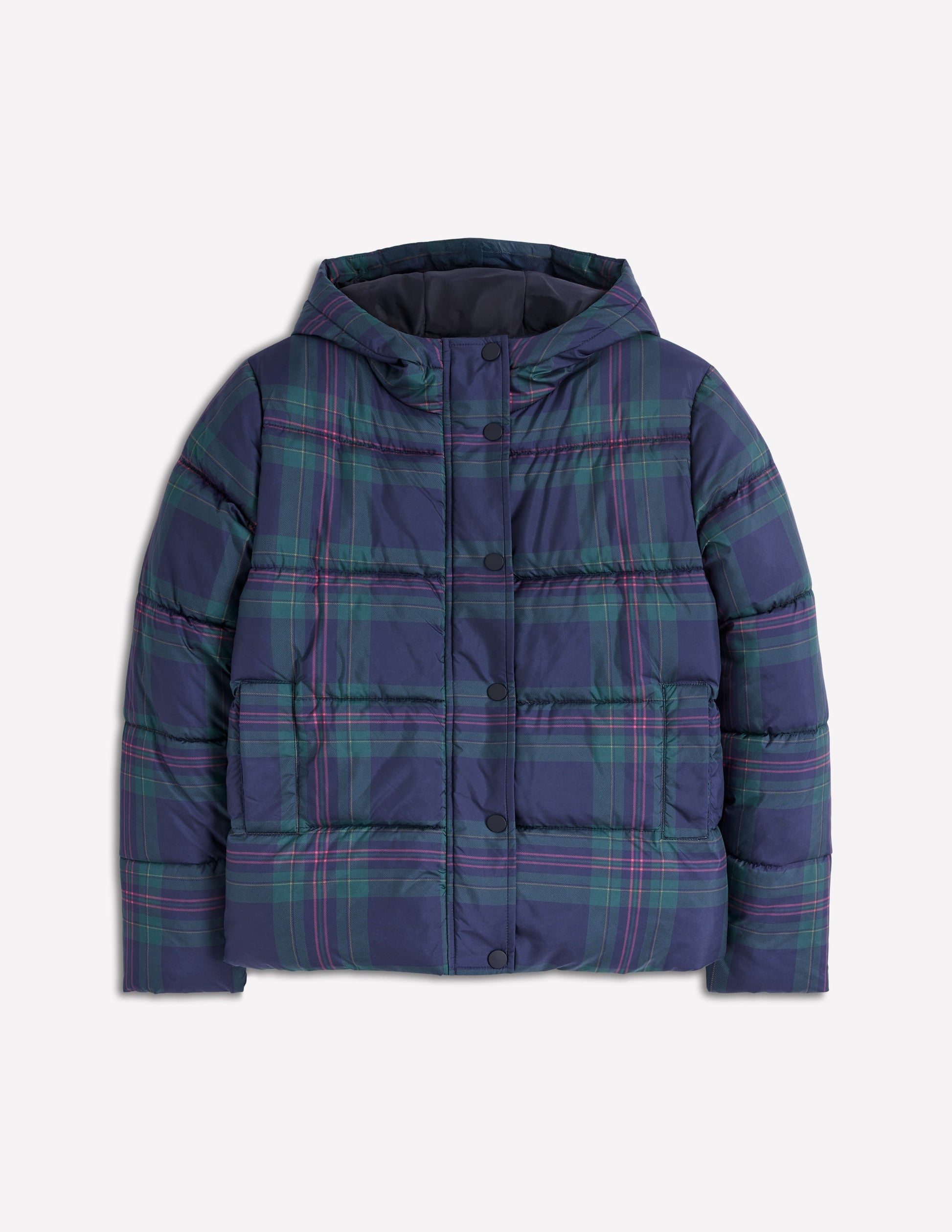 Kurze, wattierte Steppjacke-Marineblau & Grün Ton-in-Ton-Karomuster-5