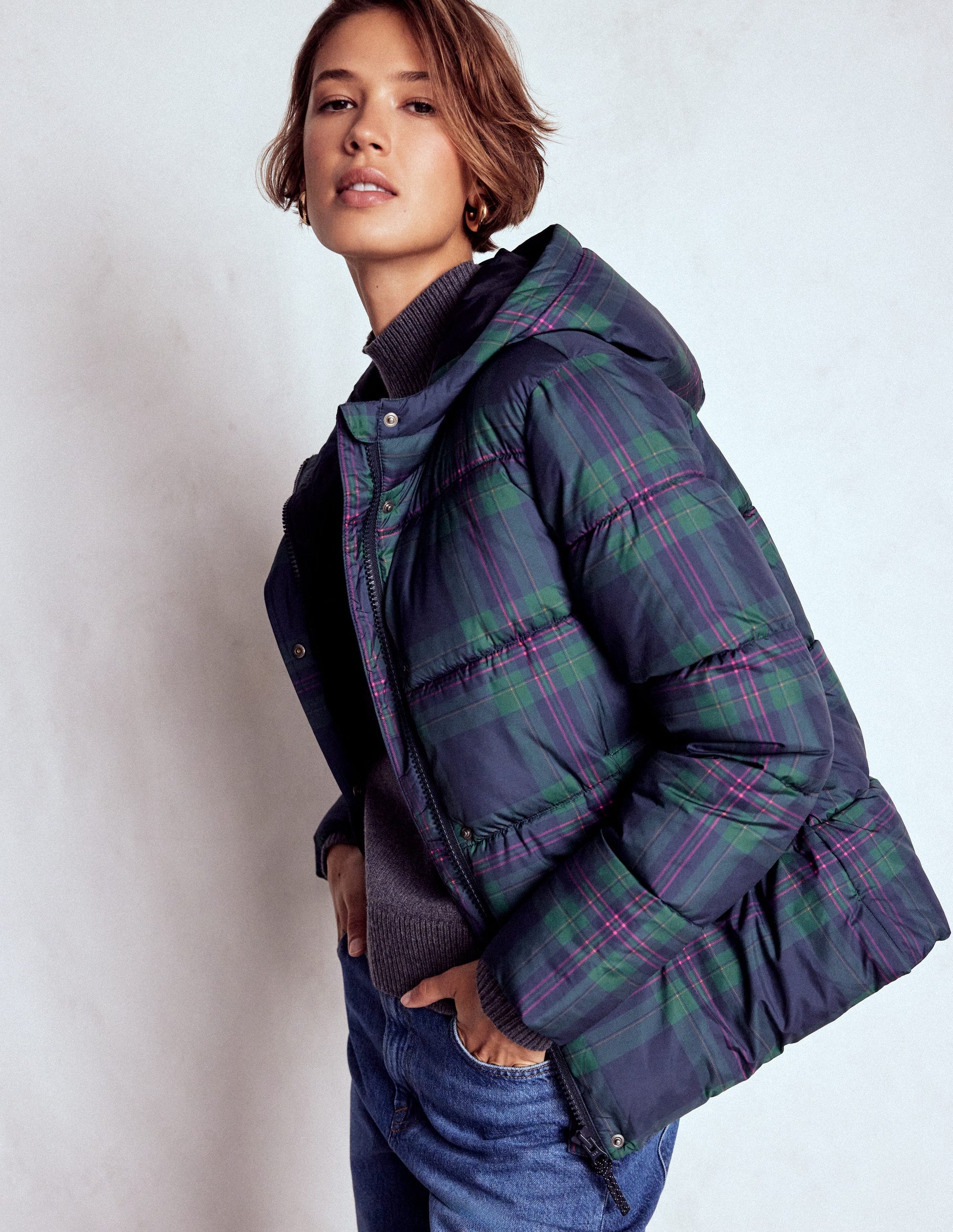 Kurze, wattierte Steppjacke-Marineblau & Grün Ton-in-Ton-Karomuster-1