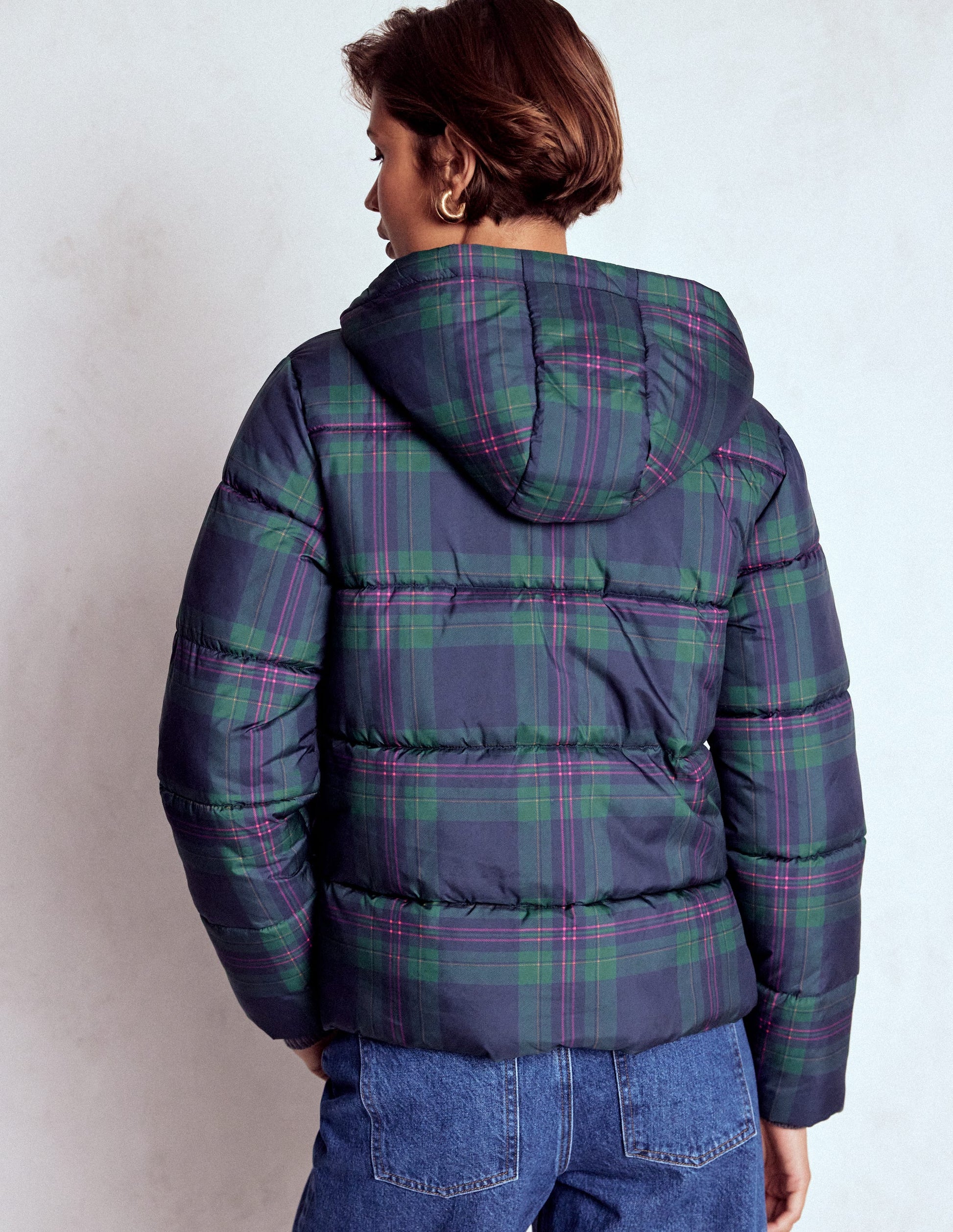 Kurze, wattierte Steppjacke-Marineblau & Grün Ton-in-Ton-Karomuster-3