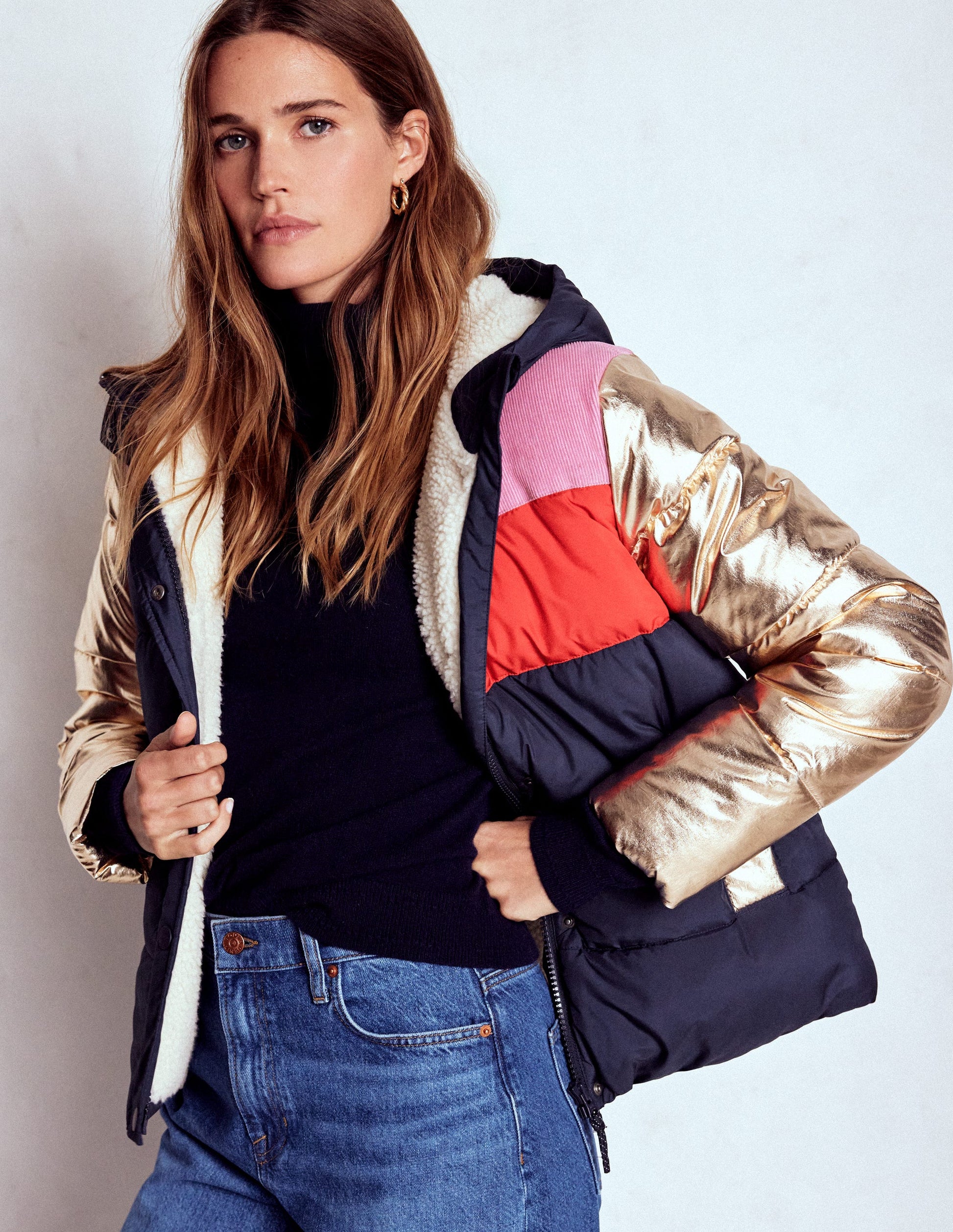 Kurze, wattierte Steppjacke-Marineblau, Blockfarben-2