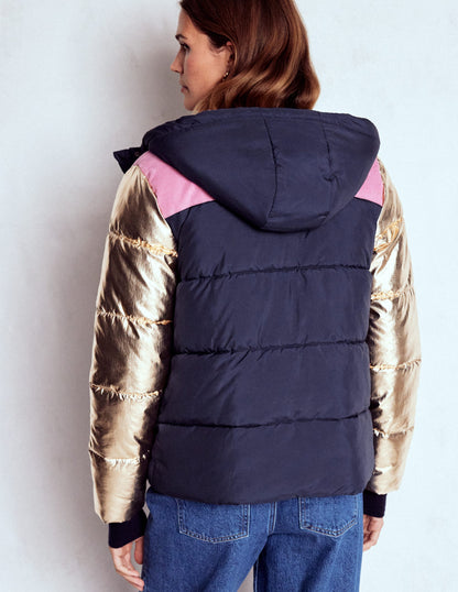 Kurze, wattierte Steppjacke-Marineblau, Blockfarben-3
