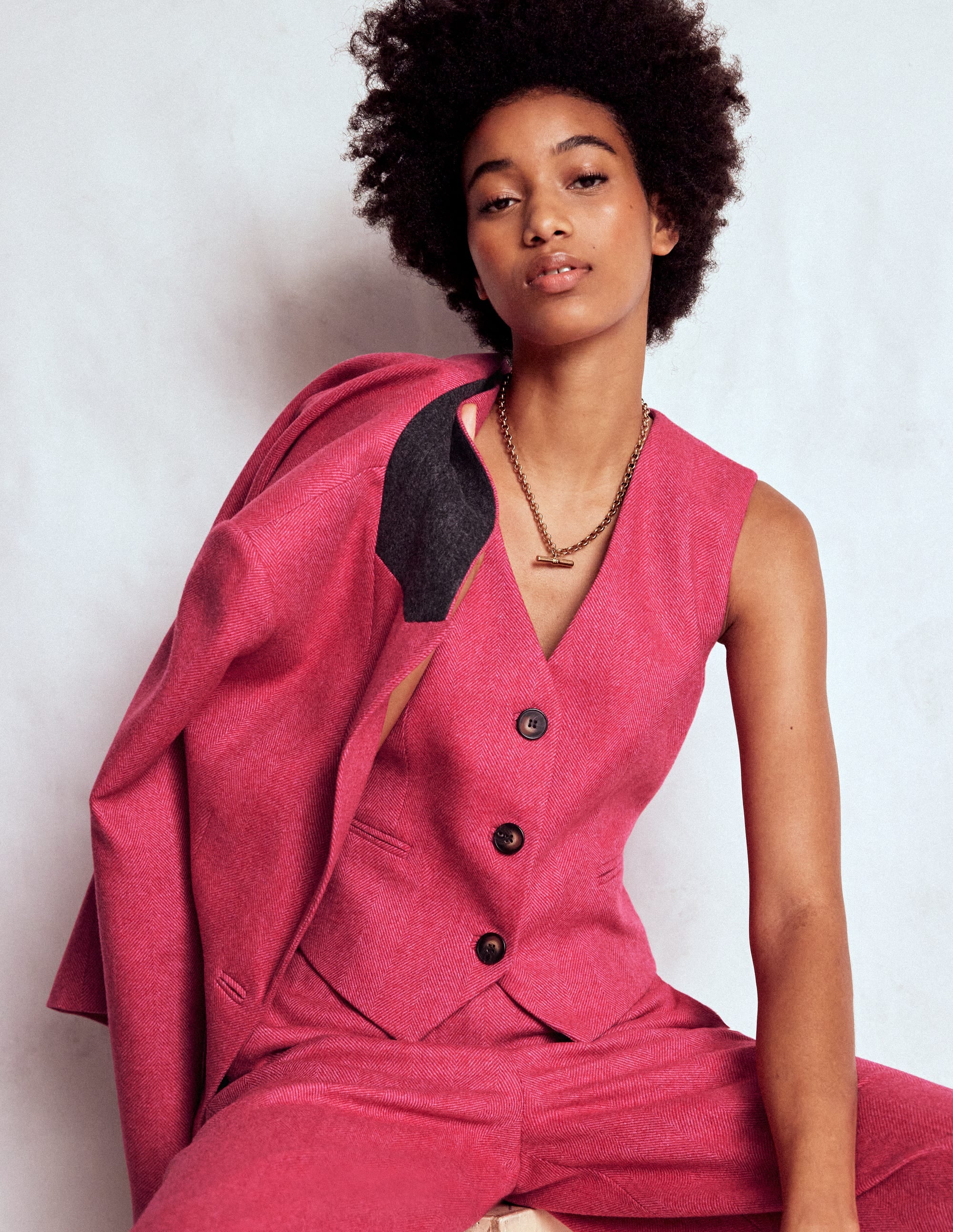 Pink Wool Waistcoat-Red and Pink Wide Herringbone - Image 1