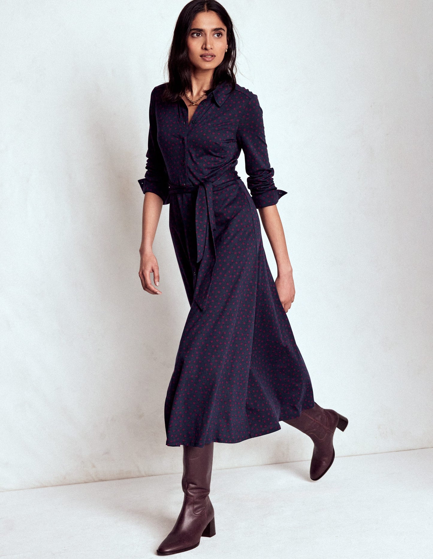 Marcia Jersey-Hemdblusenkleid-Französisches Marineblau, Gemalte Tupfen