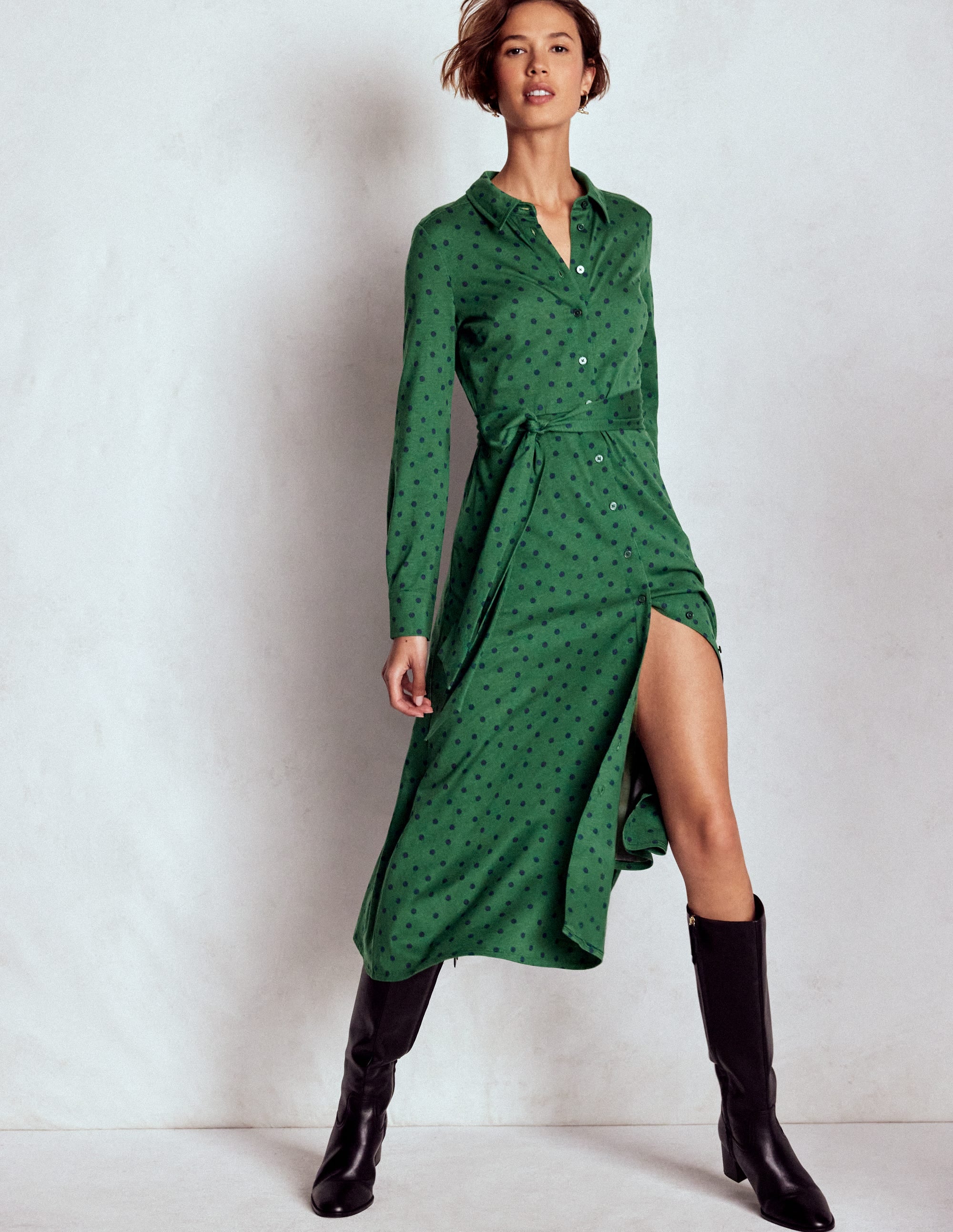 Robe-chemise Marcia en jersey-Vert chasseur, pois peints - Image 1