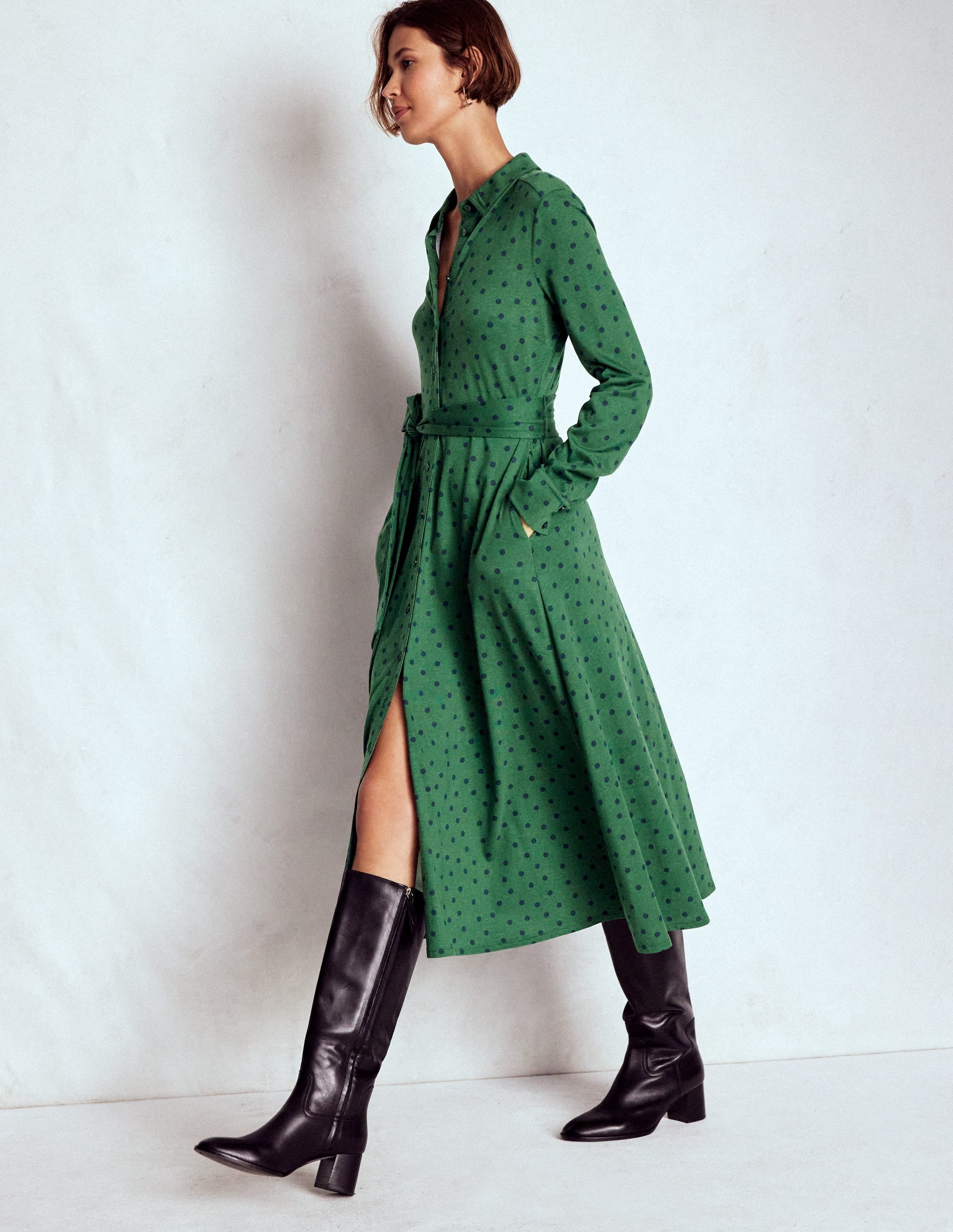 Robe-chemise Marcia en jersey-Vert chasseur, pois peints - Image 5