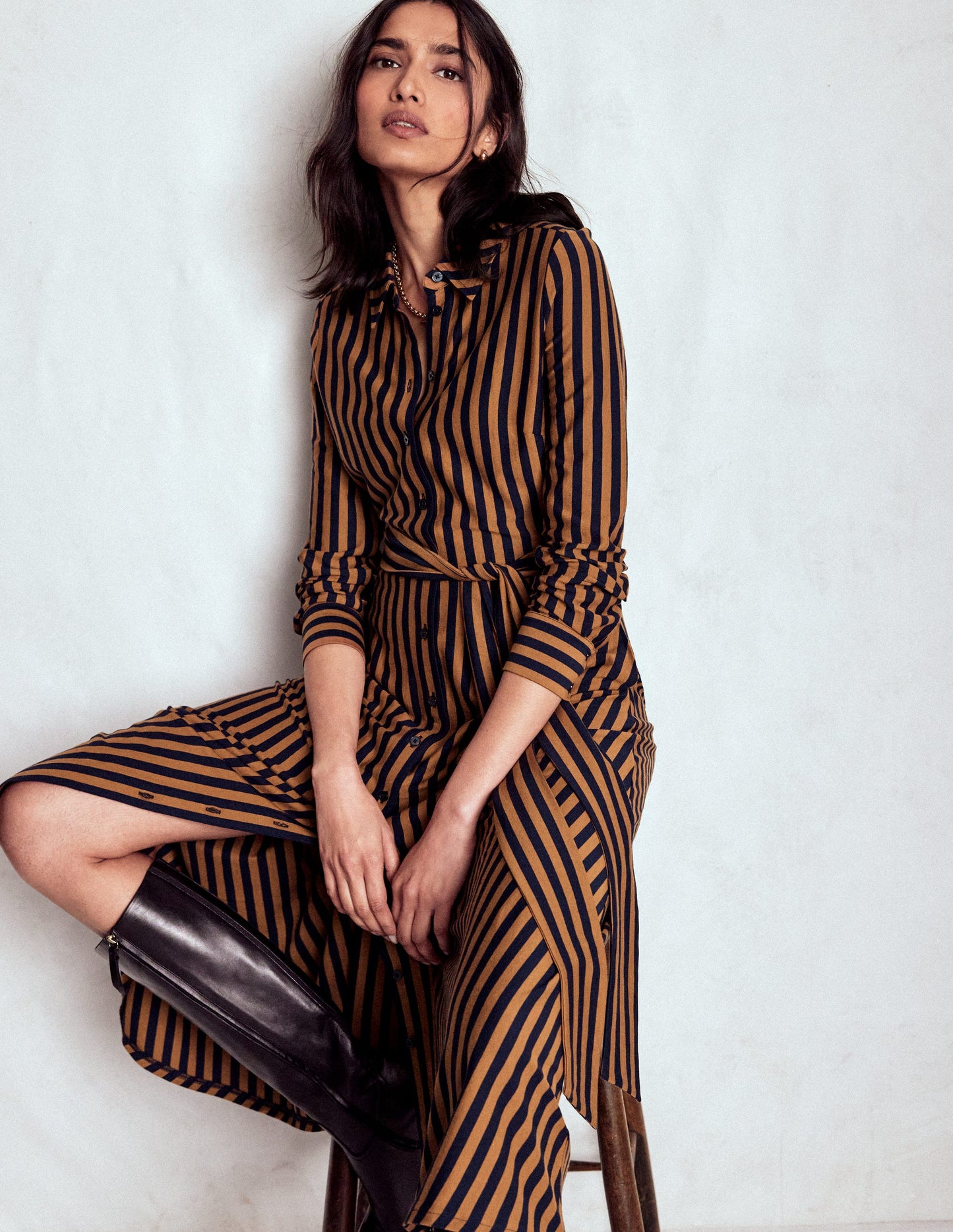 Marcia Jersey-Hemdblusenkleid-Lebkuchen, Marineblau Streifen