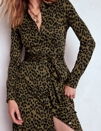 Marcia Jersey-Hemdblusenkleid-Militär-Olivgrün, Gebürstetes Tierfellmuster-3