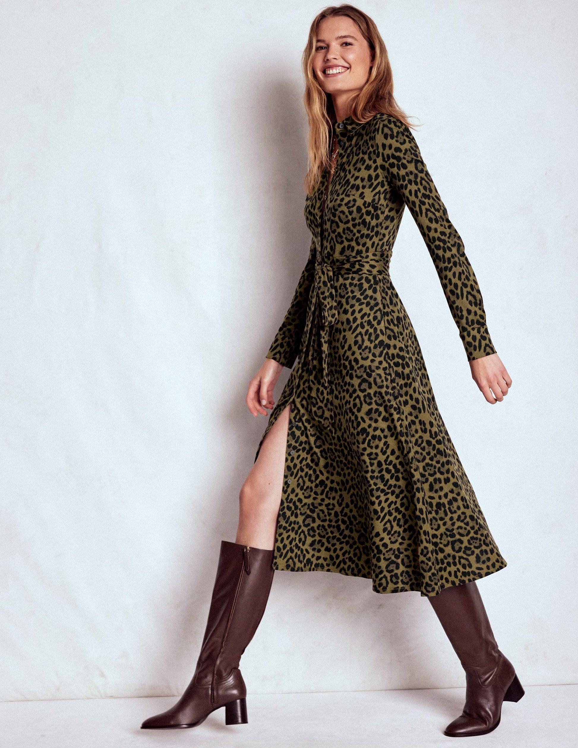 Marcia Jersey-Hemdblusenkleid-Militär-Olivgrün, Gebürstetes Tierfellmuster-5