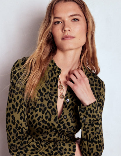 Marcia Jersey-Hemdblusenkleid-Militär-Olivgrün, Gebürstetes Tierfellmuster-7