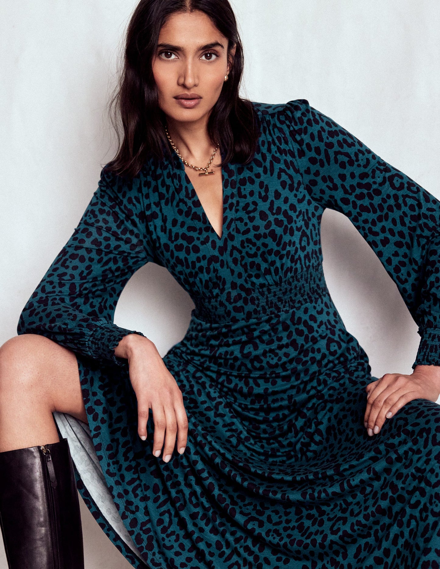 Ivy Gesmoktes Midikleid-Mondschein-Ozean, Gebürstetes Tierfellmuster