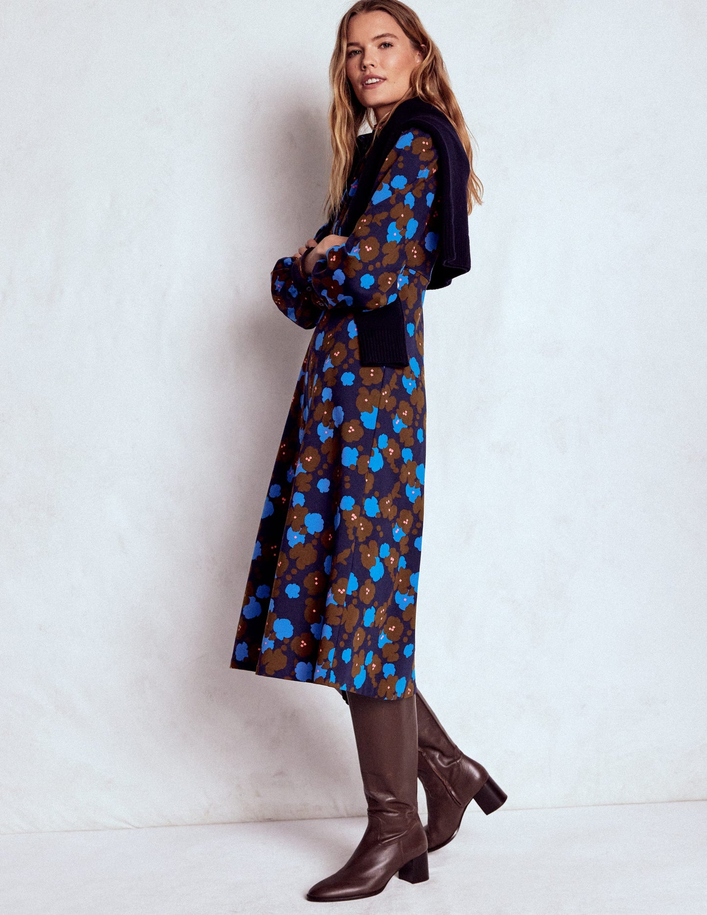 Robe midi Pip zippée en point de Rome-Bleu marine foncé, motif Garden Blossom