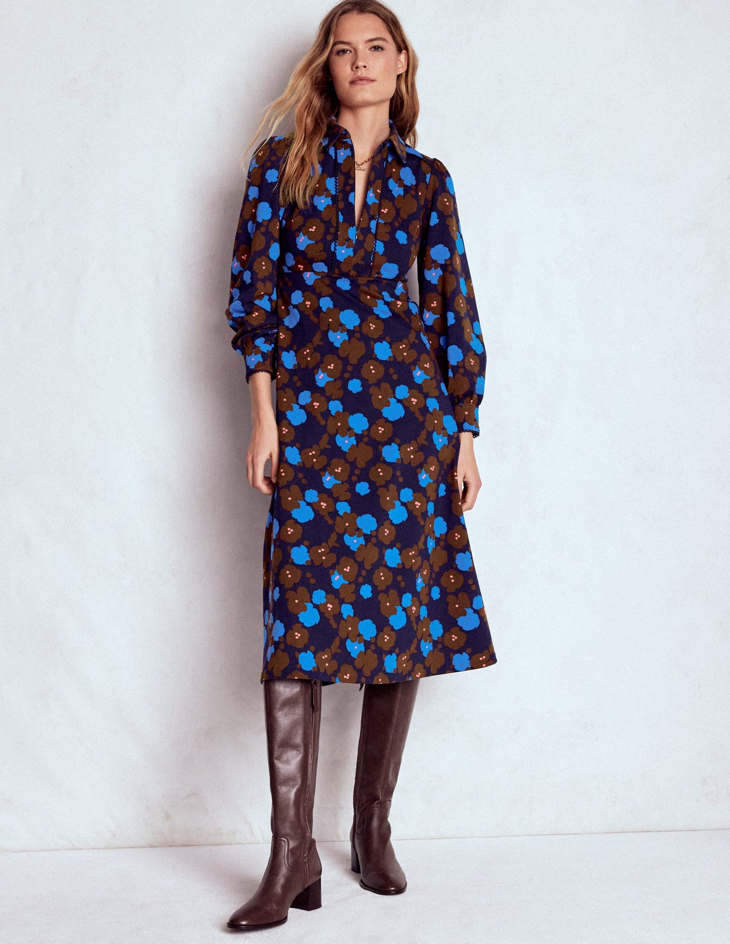 Robe midi Pip zippée en point de Rome-Bleu marine foncé, motif Garden Blossom