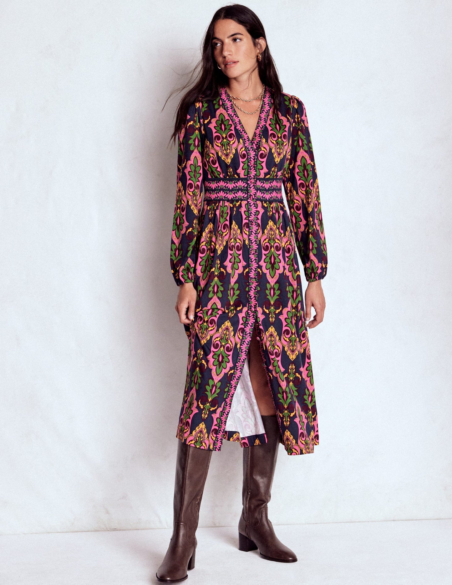 Natalia Langärmliges Teekleid-Französisches Marineblau, Ornamente