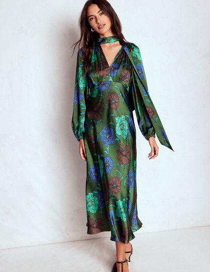 Robe midi en satin avec liens à l'encolure-Sapin vert, motif Peony