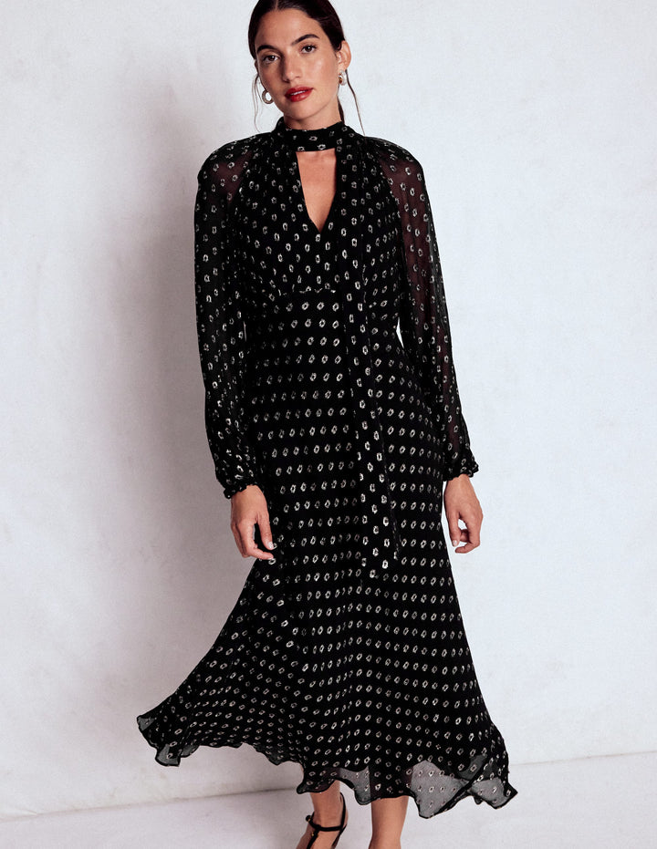 Midikleid zum Binden-Schwarz und Gold Clip-Muster