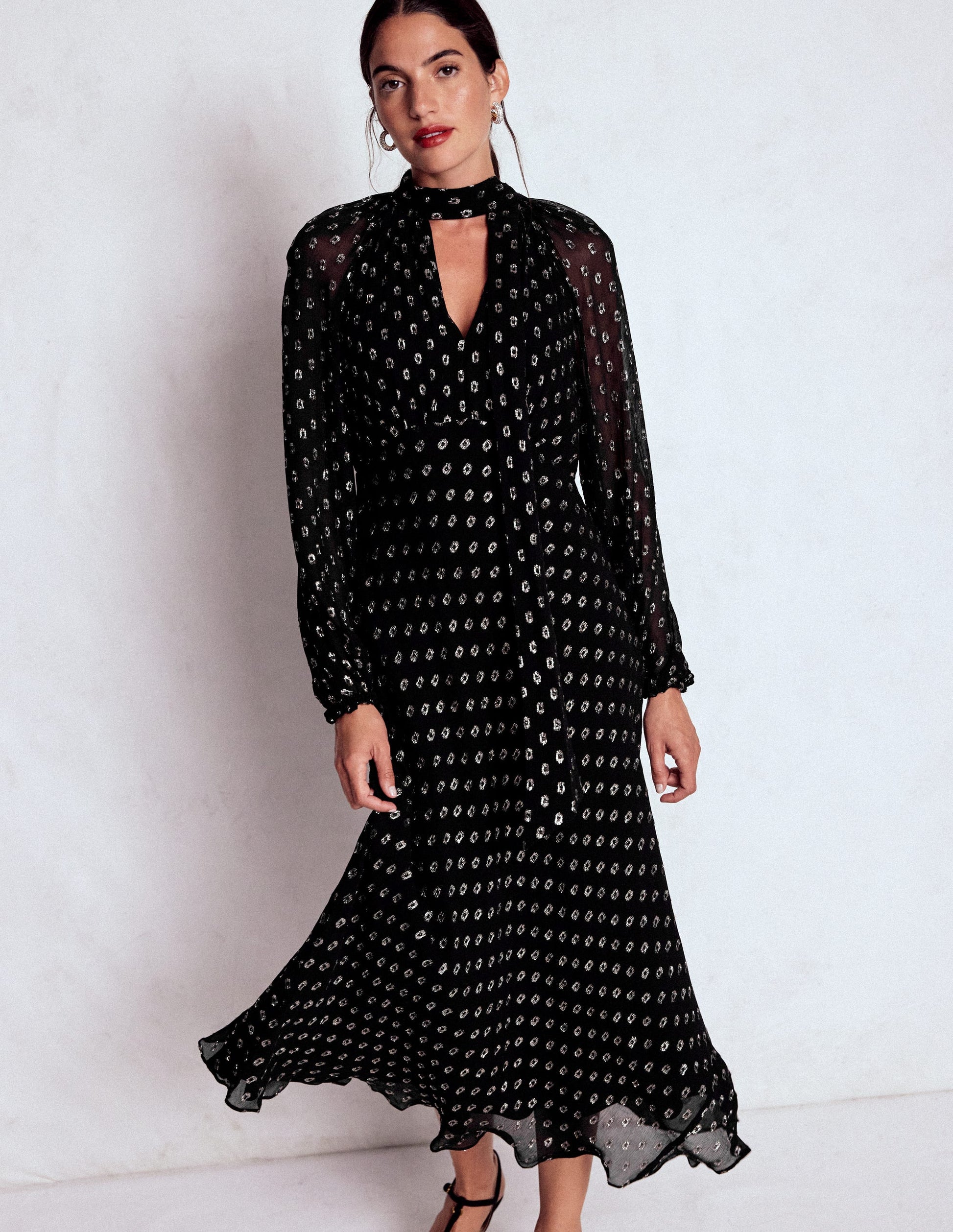 Midikleid zum Binden-Schwarz und Gold Clip-Muster-3