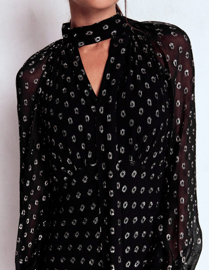 Midikleid zum Binden-Schwarz und Gold Clip-Muster-4