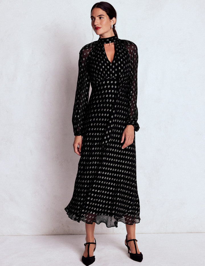 Midikleid zum Binden-Schwarz und Gold Clip-Muster