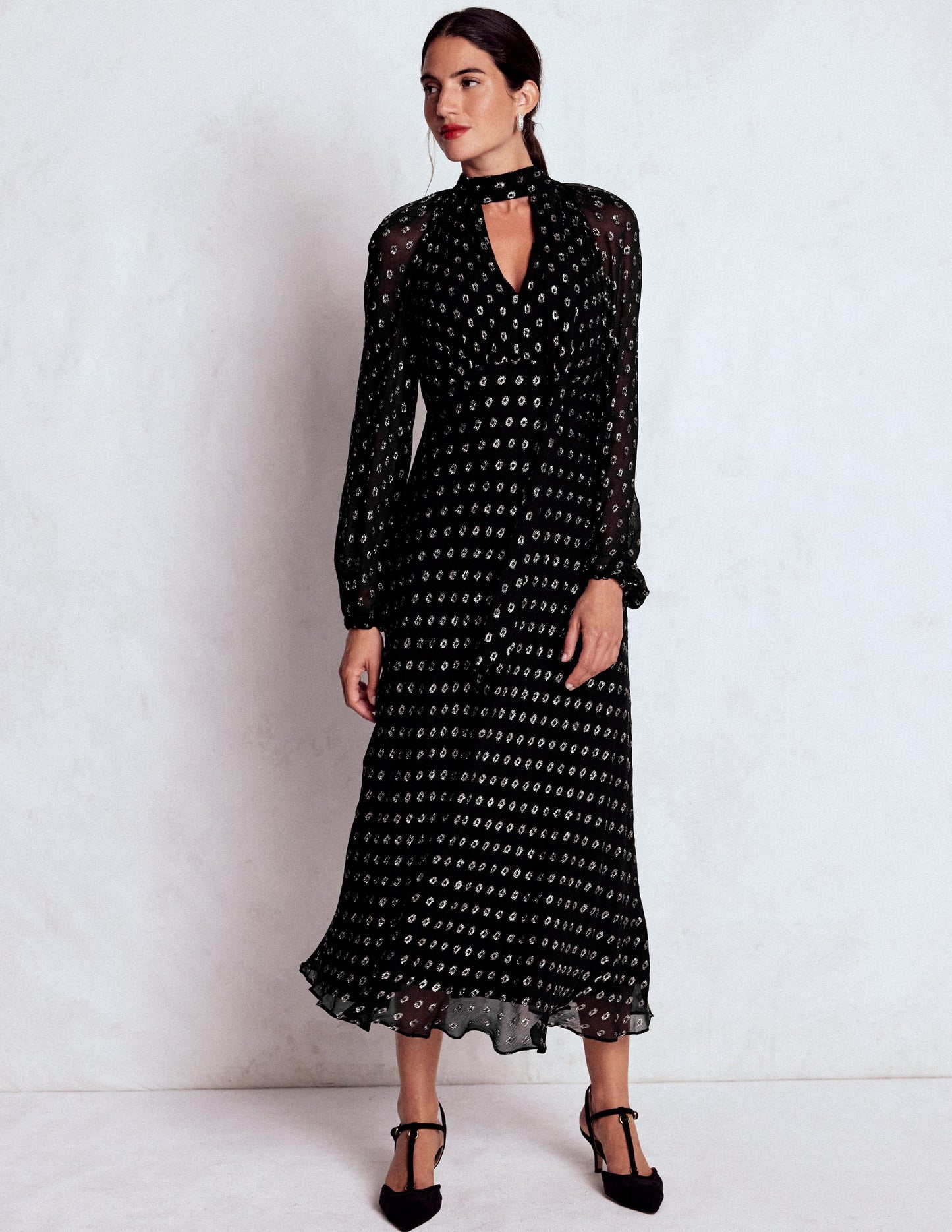 Midikleid zum Binden-Schwarz und Gold Clip-Muster