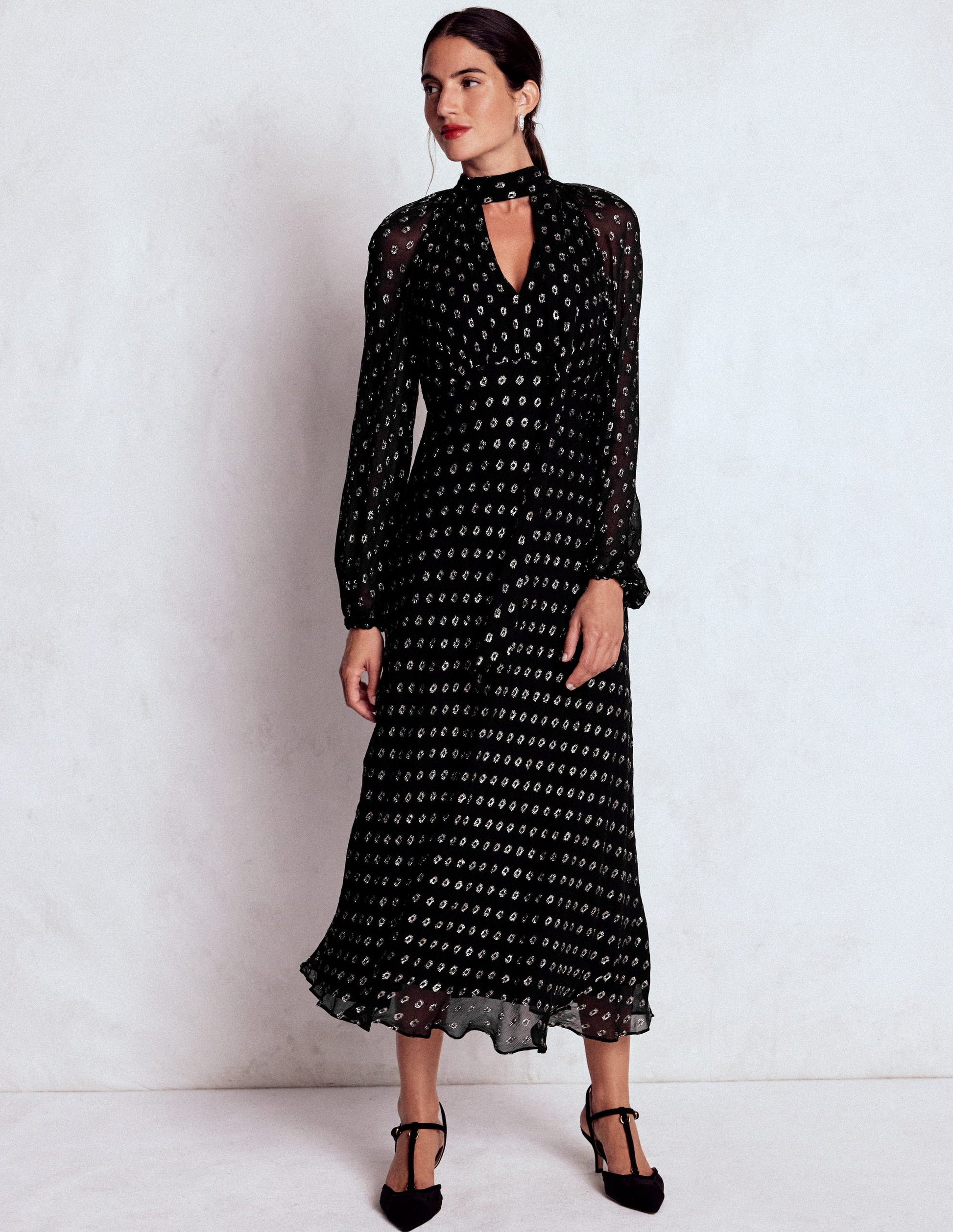 Midikleid zum Binden-Schwarz und Gold Clip-Muster-1