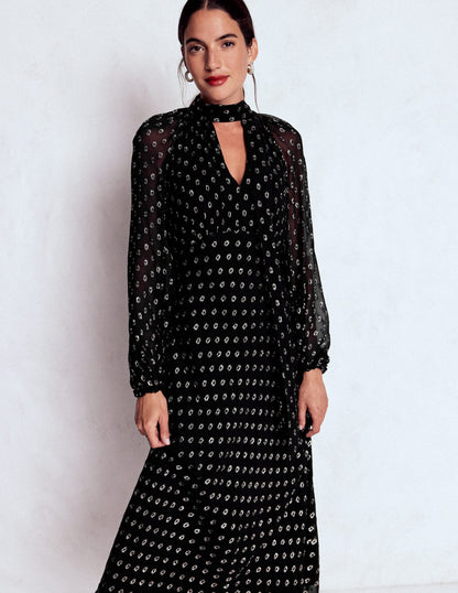 Midikleid zum Binden-Schwarz und Gold Clip-Muster-6