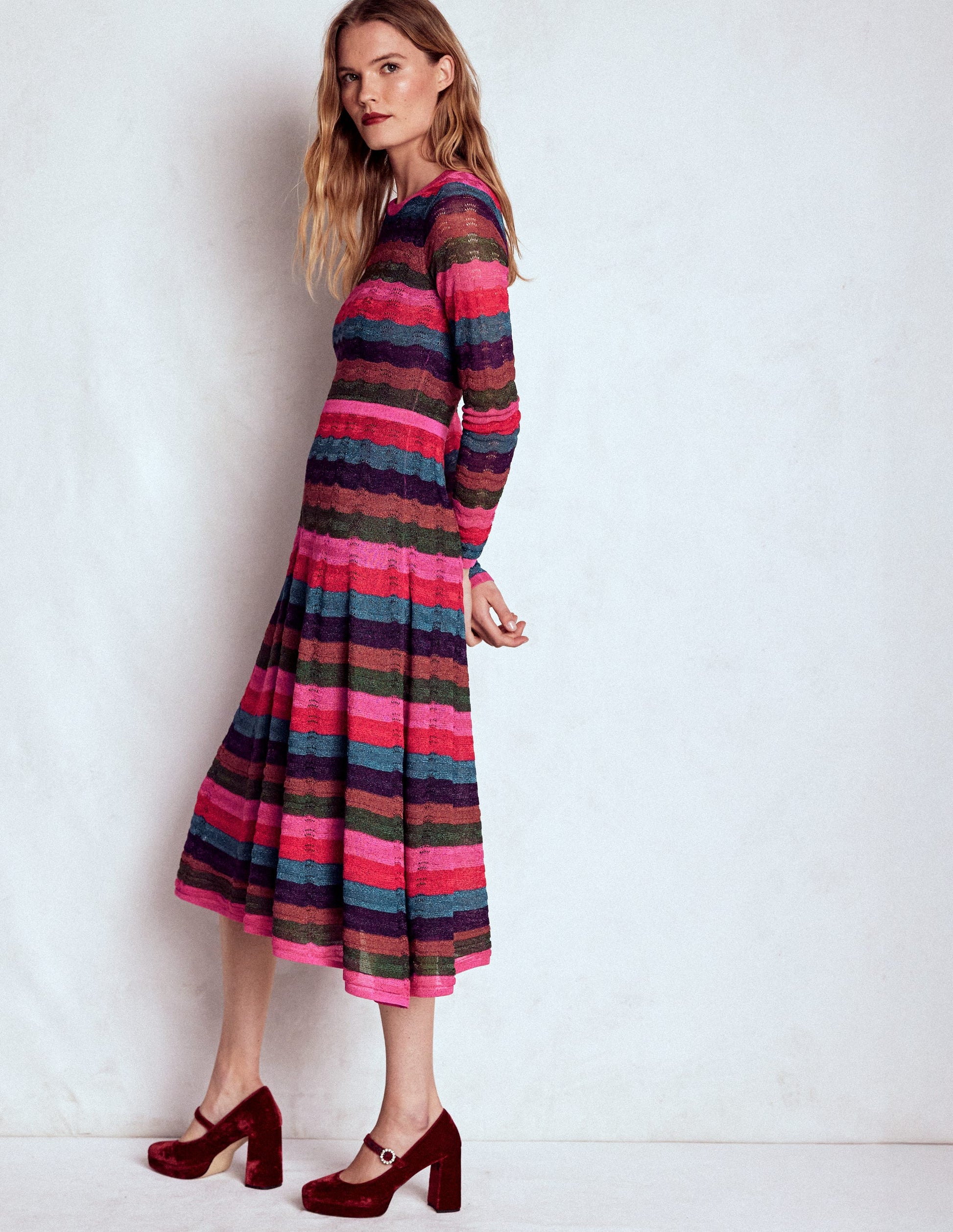 Metallic-Kleid mit Wellenmuster-Ackerbohnengrün/Pink, Gestreift-5