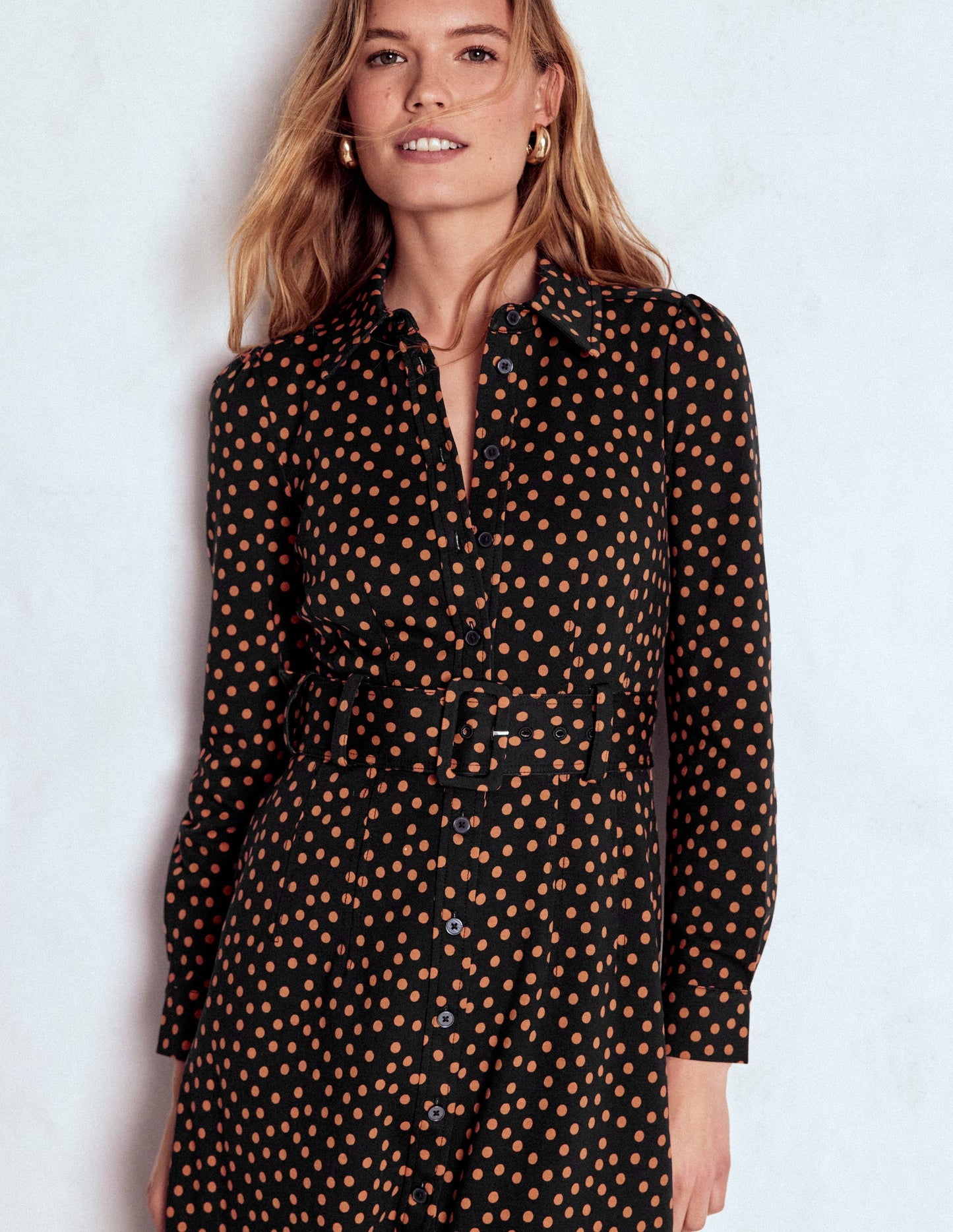 Robe-chemise Anita à manches longues-Noir, pois peints