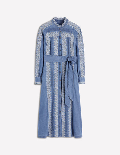 Chambray-Kleid mit gerüschter Knopfleiste-Hellblauer Faux-Uni-6