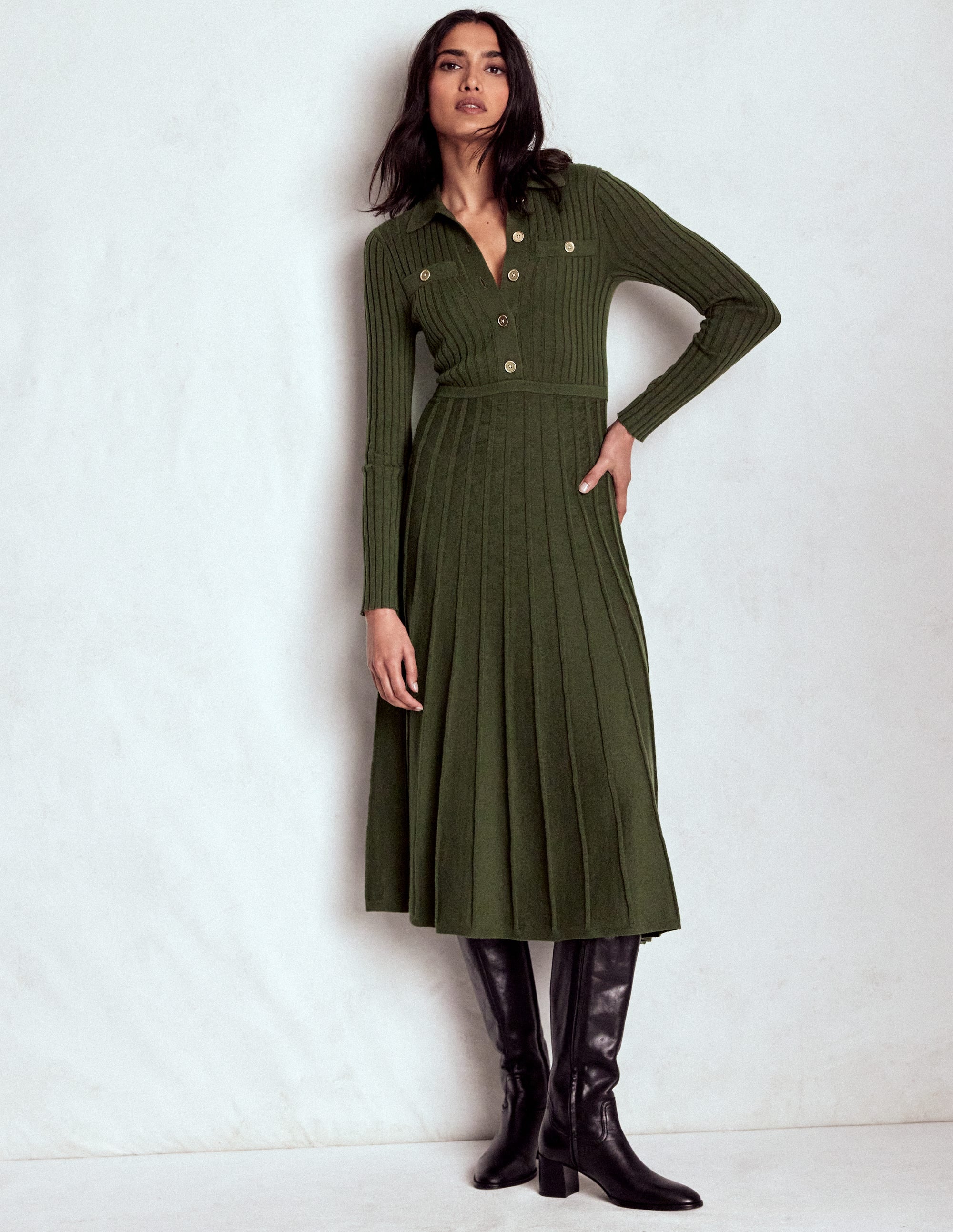 Brönte Hemdblusenkleid aus Rippstrick-Waldgrün - Image 1