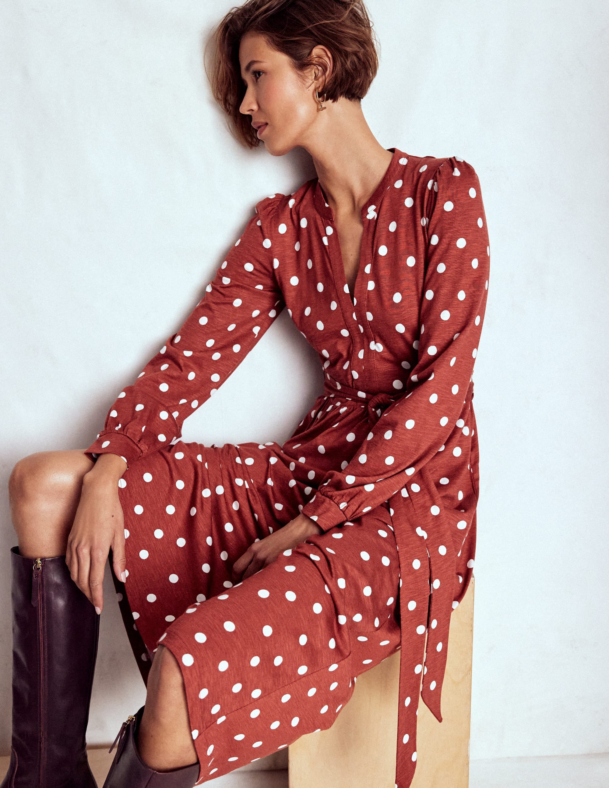 Robe Naomi à manches longues en jersey-Orange brûlé, pois peints - Image 1