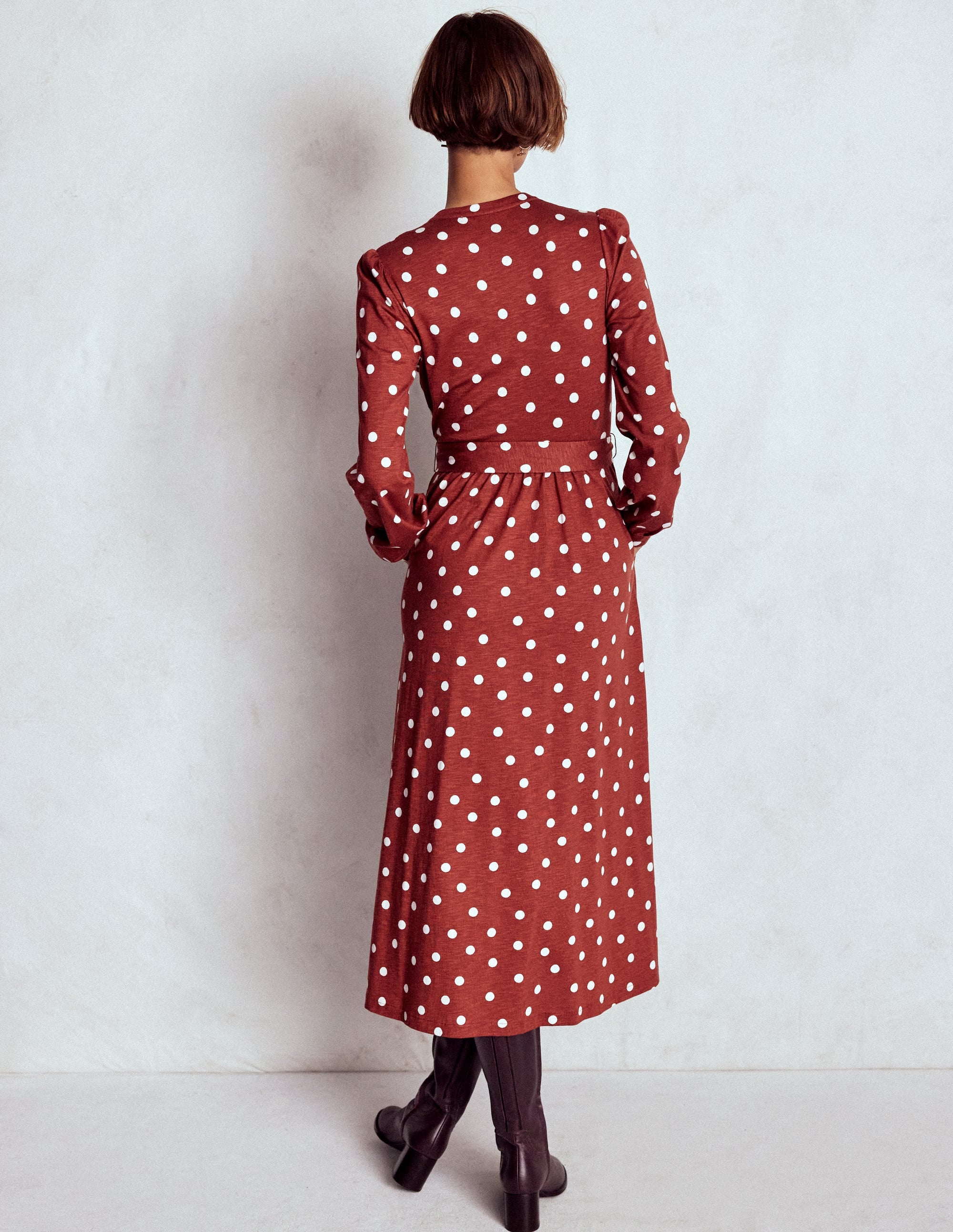 Robe Naomi à manches longues en jersey-Orange brûlé, pois peints - Image 3