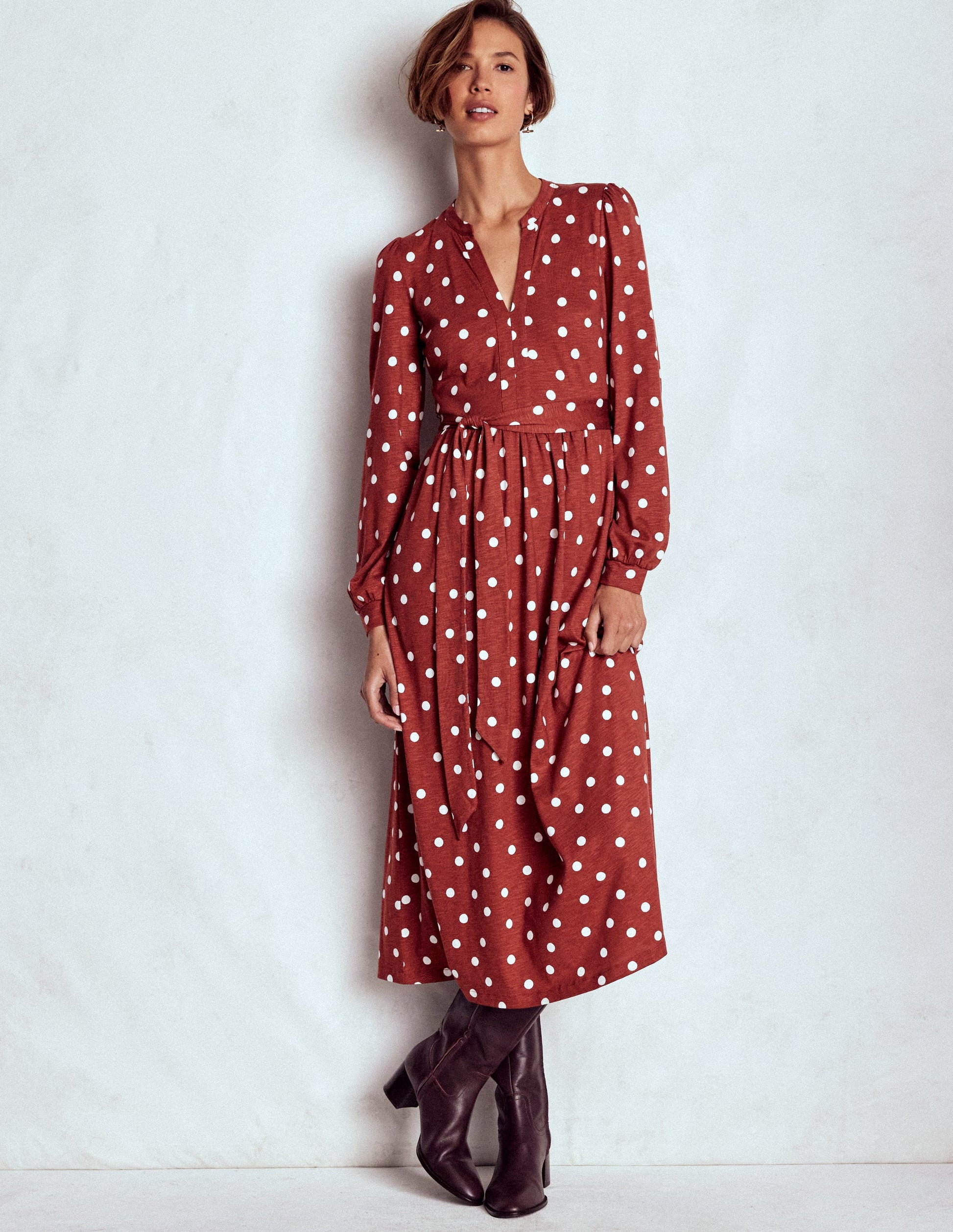 Naomi Langärmliges Jerseykleid-Gebranntes Orange, Gemalte Tupfen-4