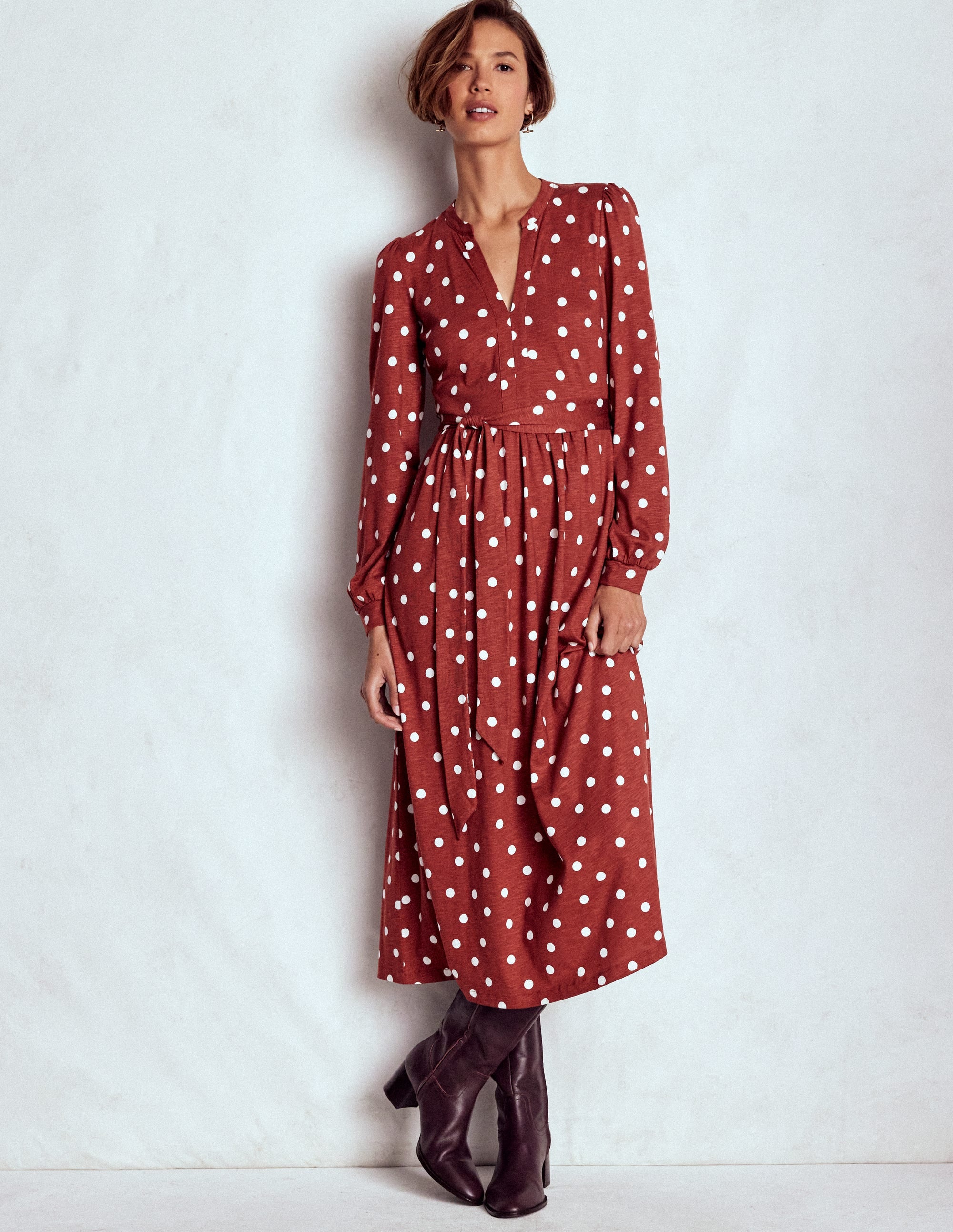 Robe Naomi à manches longues en jersey-Orange brûlé, pois peints - Image 4