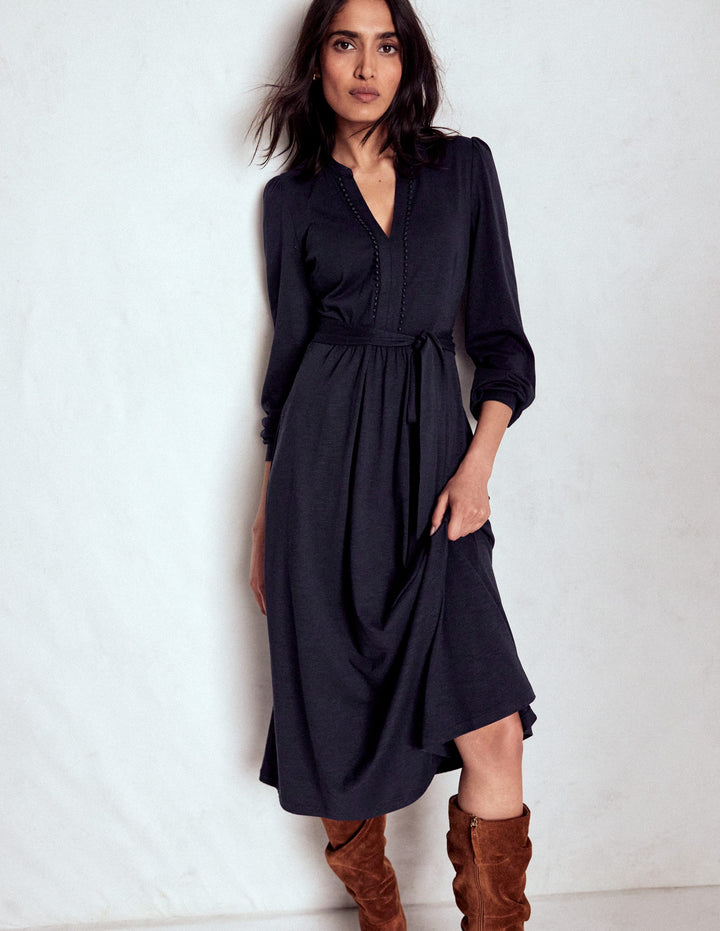 Robe Naomi à manches longues en jersey-Bleu marine