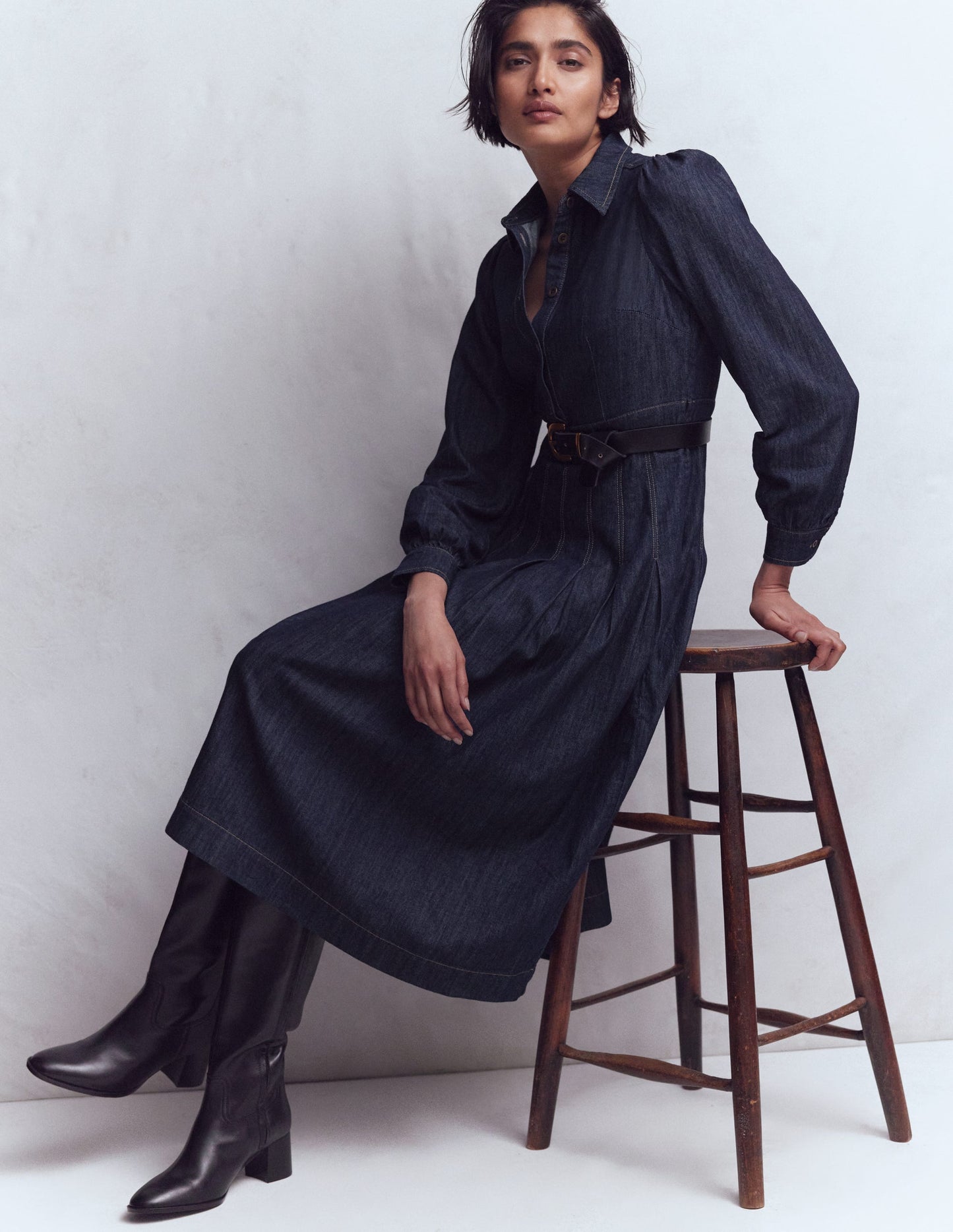 Jeans-Midikleid mit Faltendetail-Indigo