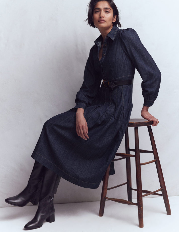 Jeans-Midikleid mit Faltendetail-Indigo