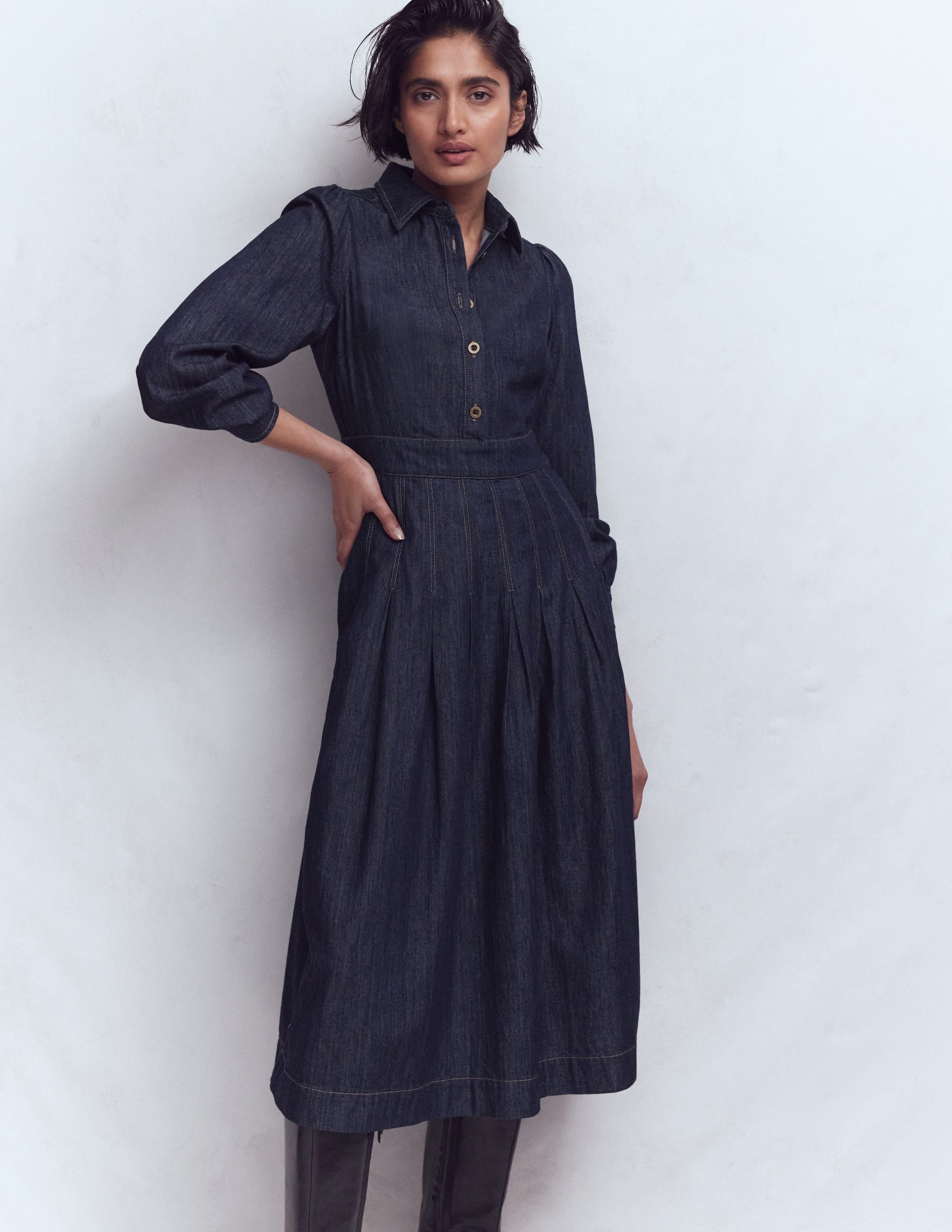 Jeans-Midikleid mit Faltendetail-Indigo Gewaschen - Image 1