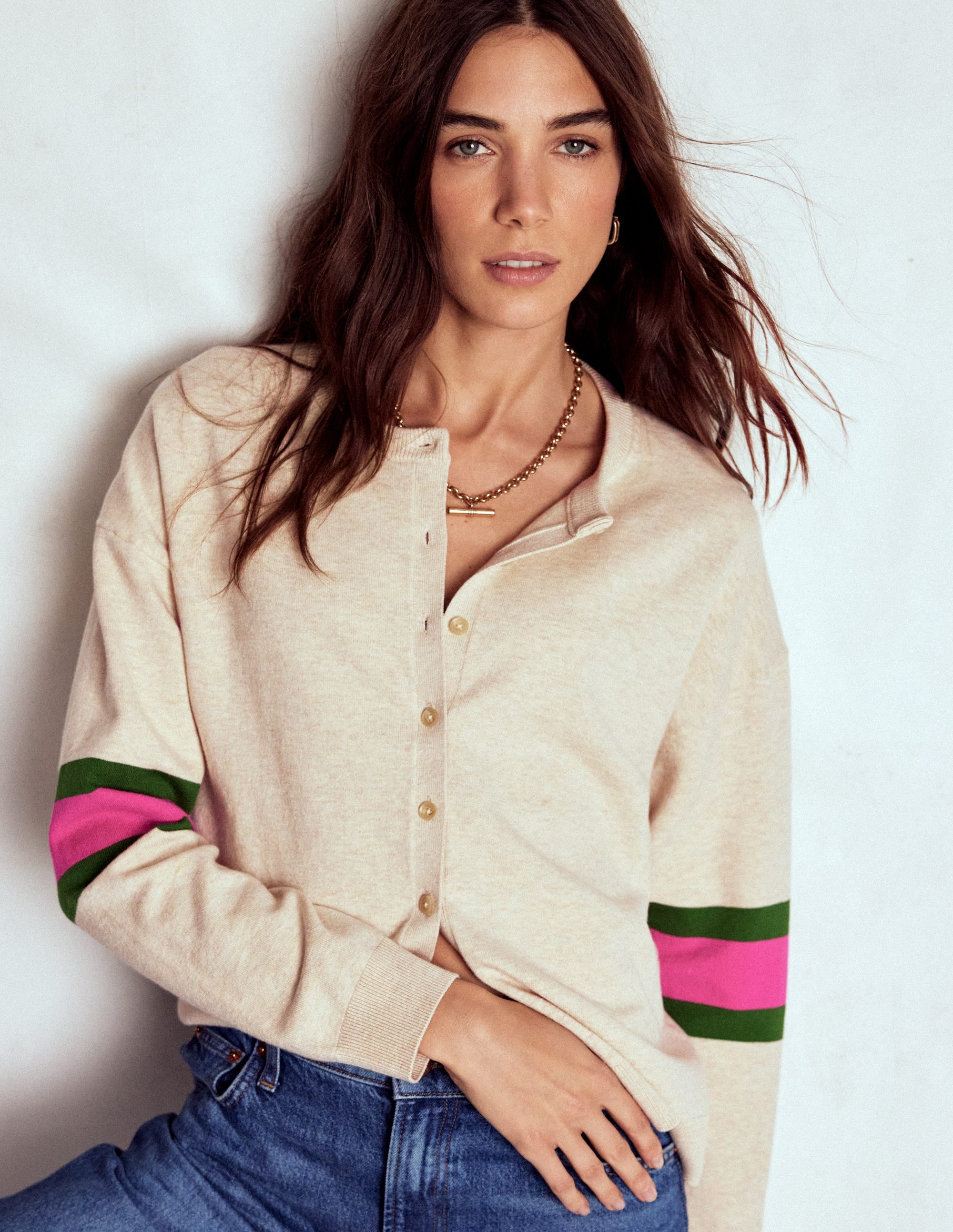 Lara Lockere Baumwoll-Strickjacke-Beige Meliert - Image 1